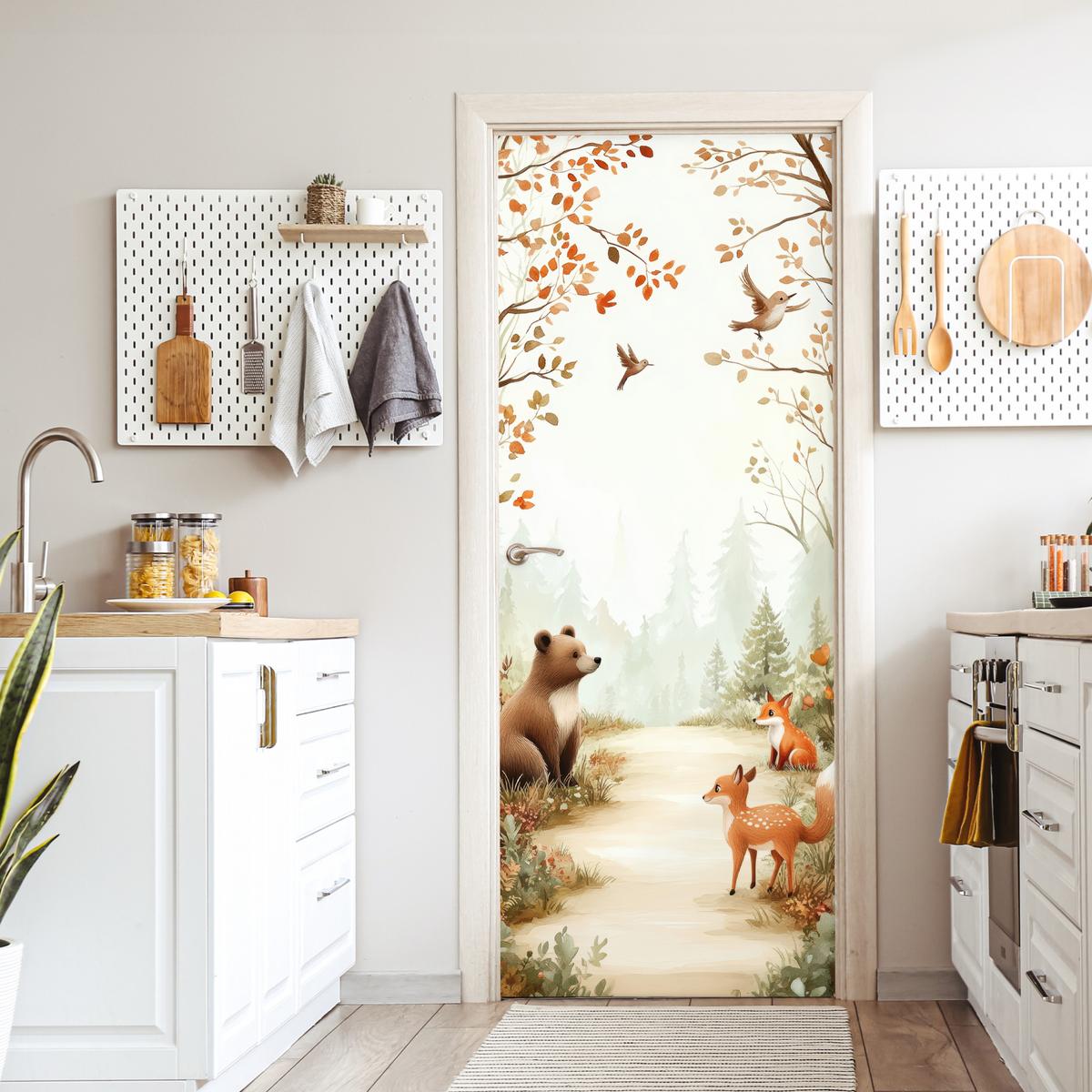 TÜRAUFKLEBER Wald - Herbst - Waldtiere - Bär - Fuchs Room Decor 85x205 cm - Türtapete - Kastanienfarben, Kunststoff (85/0.1cm) - MuchoWow