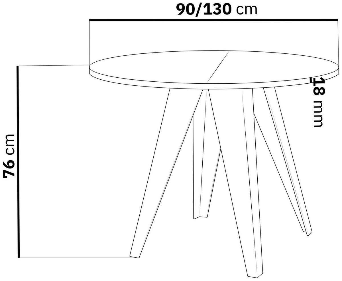 ESSTISCH Glory runder ausziehbarer, Lancelot Eiche 90-130/100/76 cm - Eichefarben/Schwarz, Holzwerkstoff/Metall (90/130/76cm) - WFL GROUP