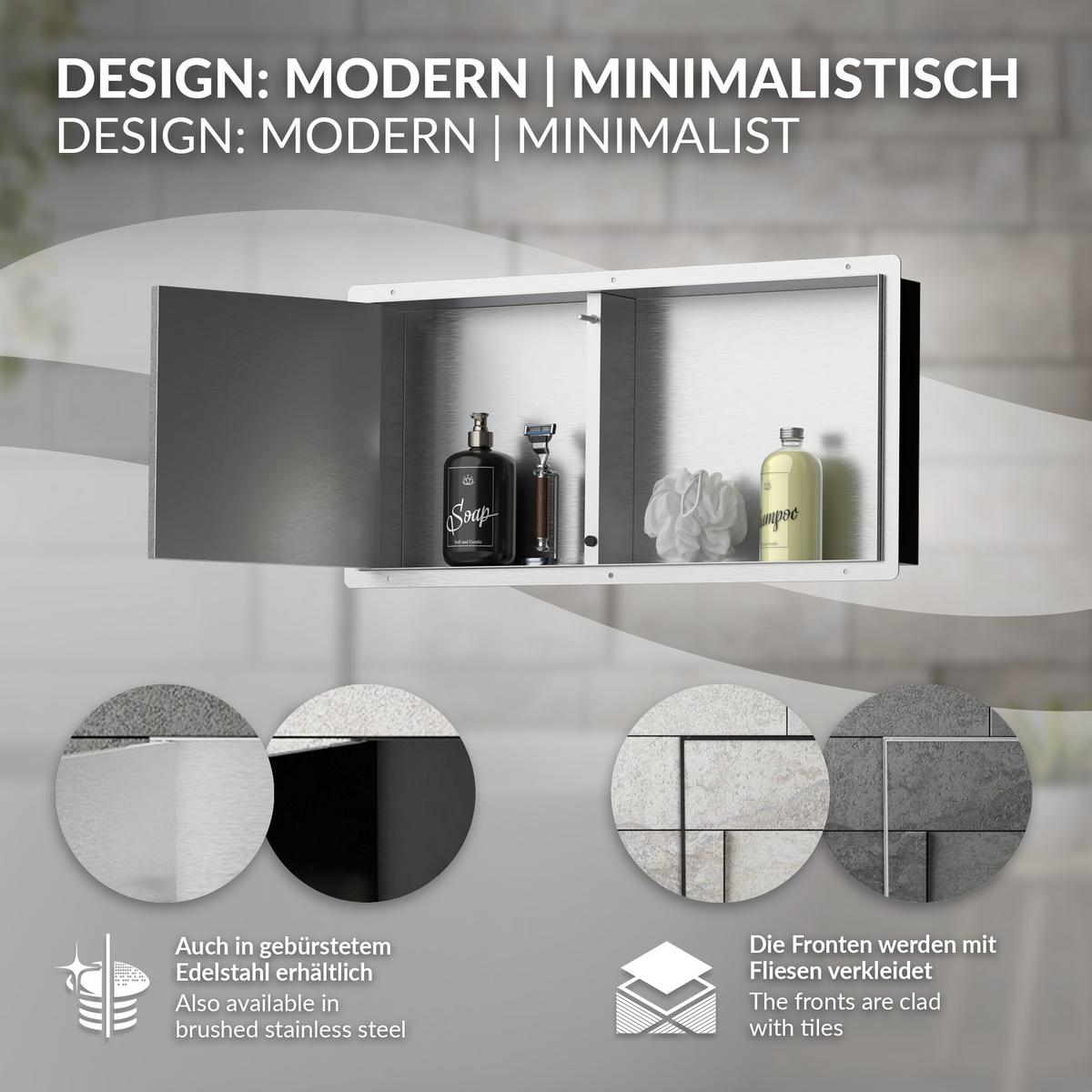 DUSCHNISCHE Edelstahl gebürstet mit befliesbarer Tür Silber 25,5/25,5 cm - Silberfarben, Metall (60/10/30cm) - LuxeBath