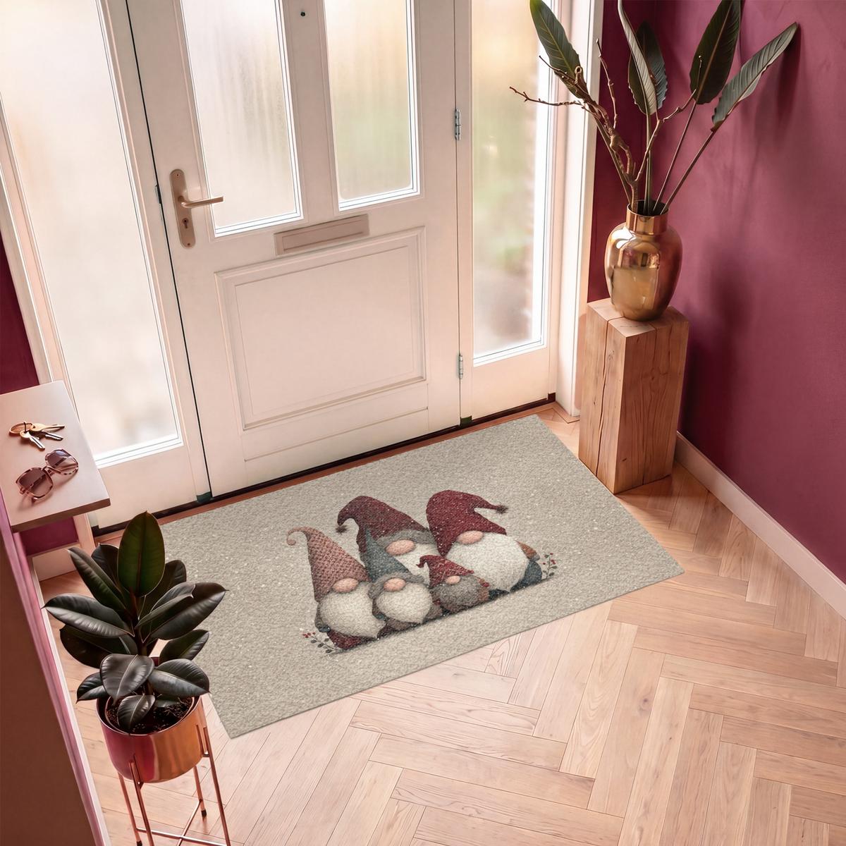 FUSSMATTE Wichtel - Weihnachten - Schnee - Zipfelmützen Türmatte 150x90 cm - Beige, Kunststoff (150/0.4cm) - MuchoWow
