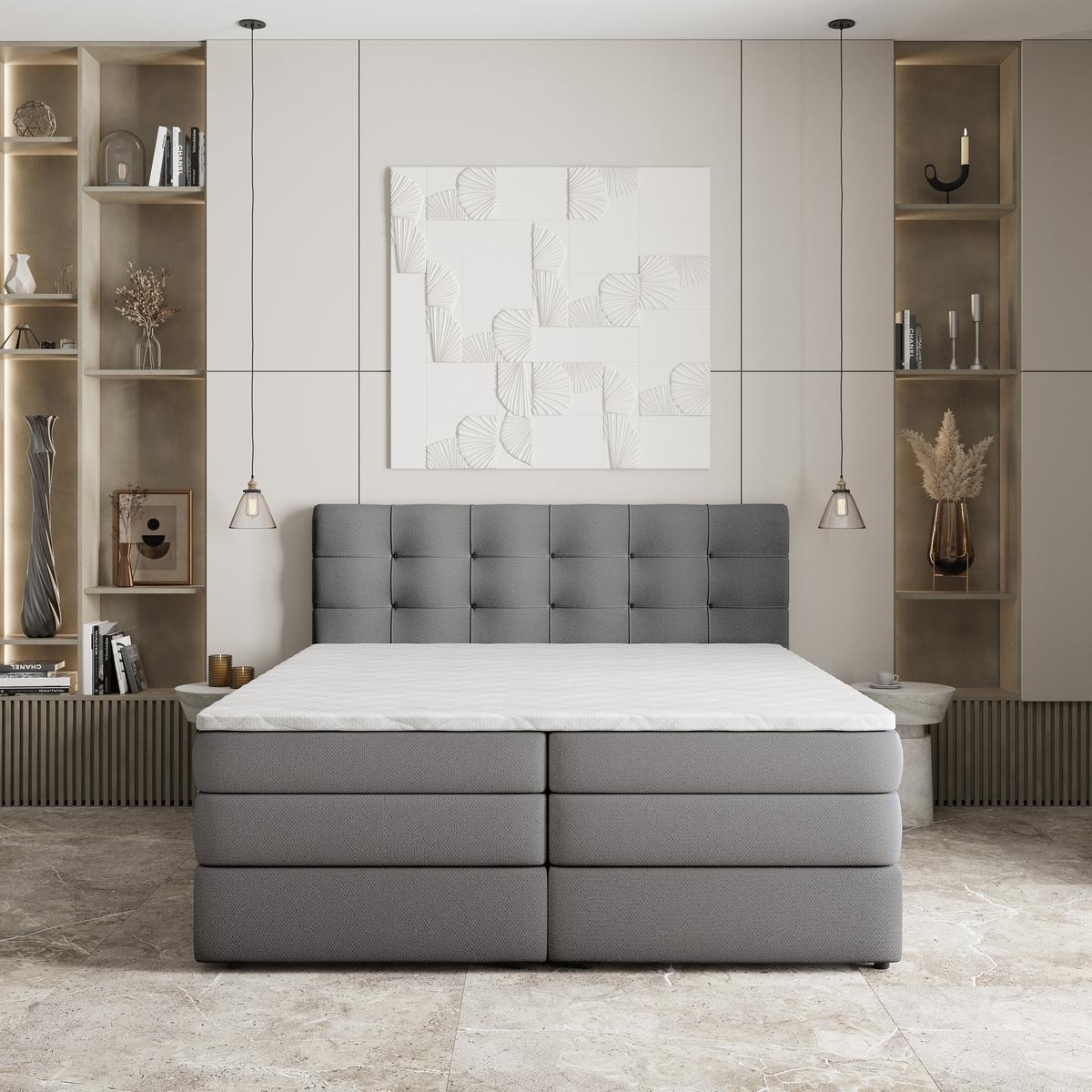 BOXSPRINGBETT AREZI 160x200 cm mit Matratze und Topper - Grau - Grau, Holz (160/200cm) - MASSENO