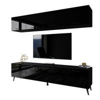 WOHNWÄNDE AURA mit Griffen Schwarz Hochglanz mit LED-Beleuchtung – Füße in Schwarz - Schwarz Hochglanz/Schwarz, Holzwerkstoff (200/49/40cm) - Lookway