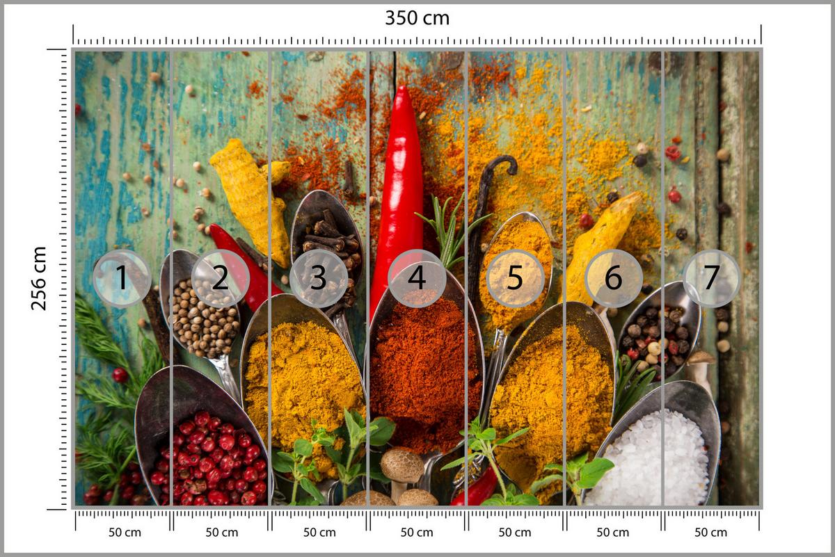 FOTOTAPETE für Küche Gewürze Holz Rustikal Paprika Ingwer 350x256 - Türkis/Blau, Papier (350/256cm) - Muralo