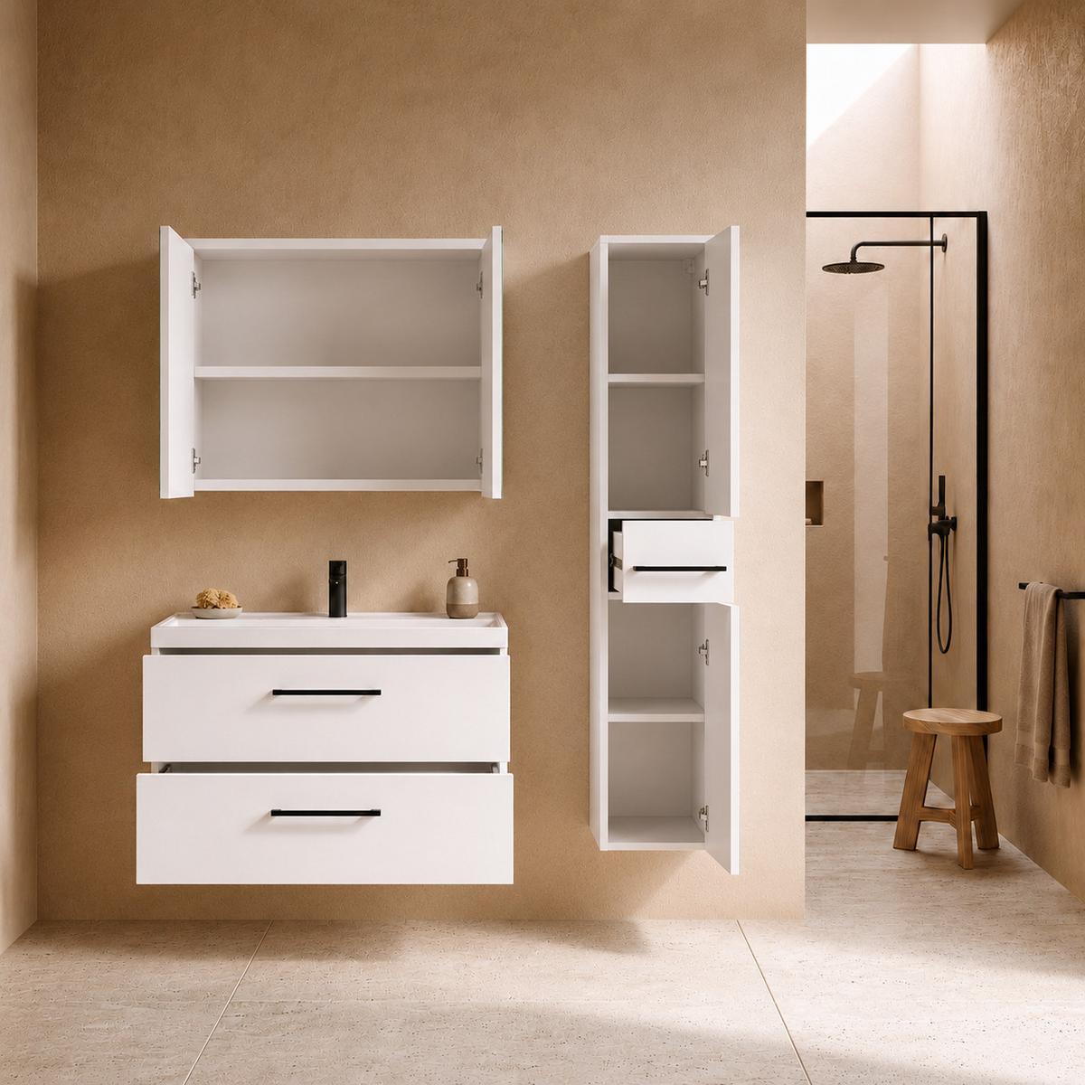 BADMÖBEL-SET Florence 3 Teile Hochglanz Weiß - 80 x 35 x 51 cm - Weiß, Holz (80/51/35cm) - Badplaats