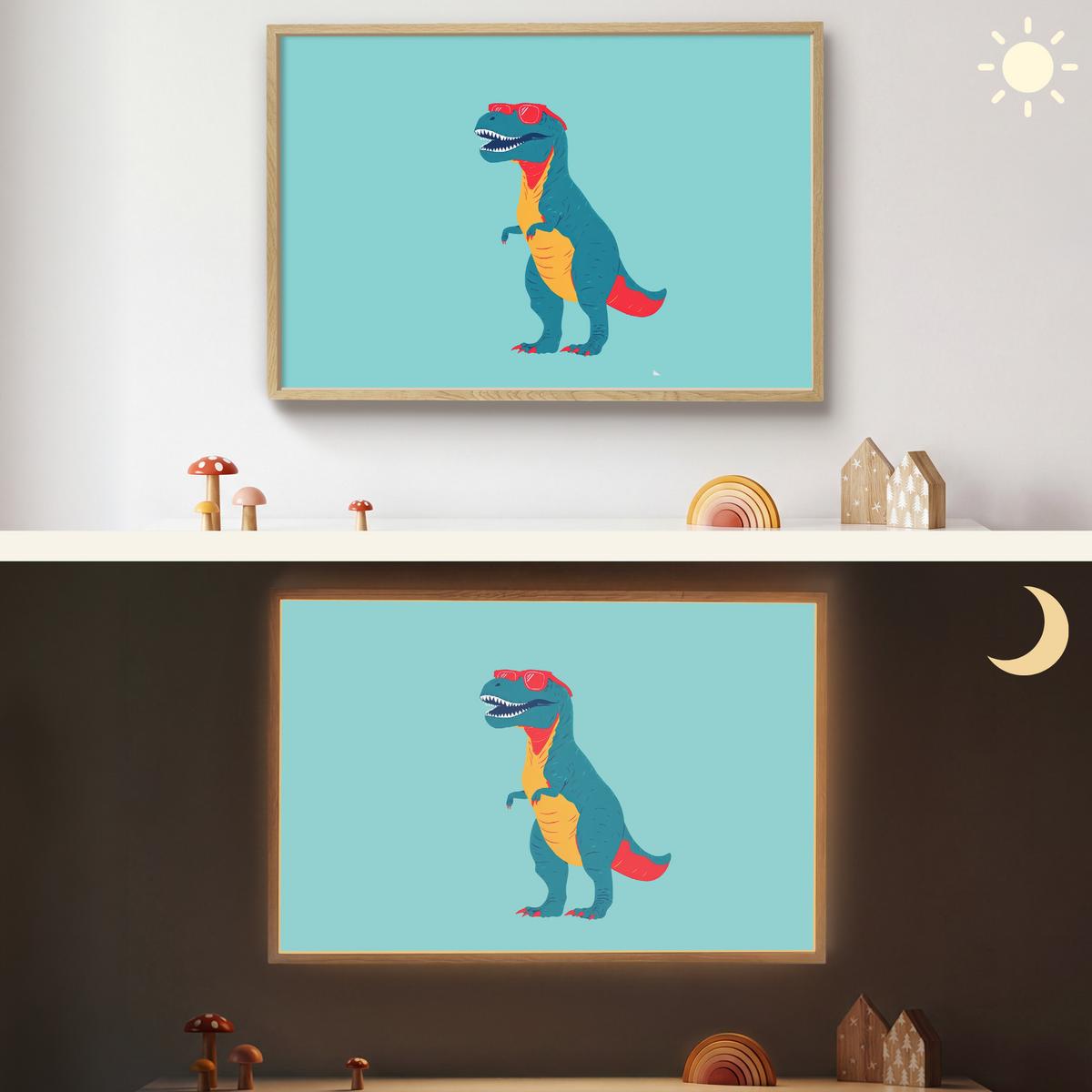 WANDLEUCHTE MIT AKKU Dinosaurier - Blau - Sonnenbrille 100x70 cm - Hellblau, Holzwerkstoff (100/70/8cm) - OnlyWow