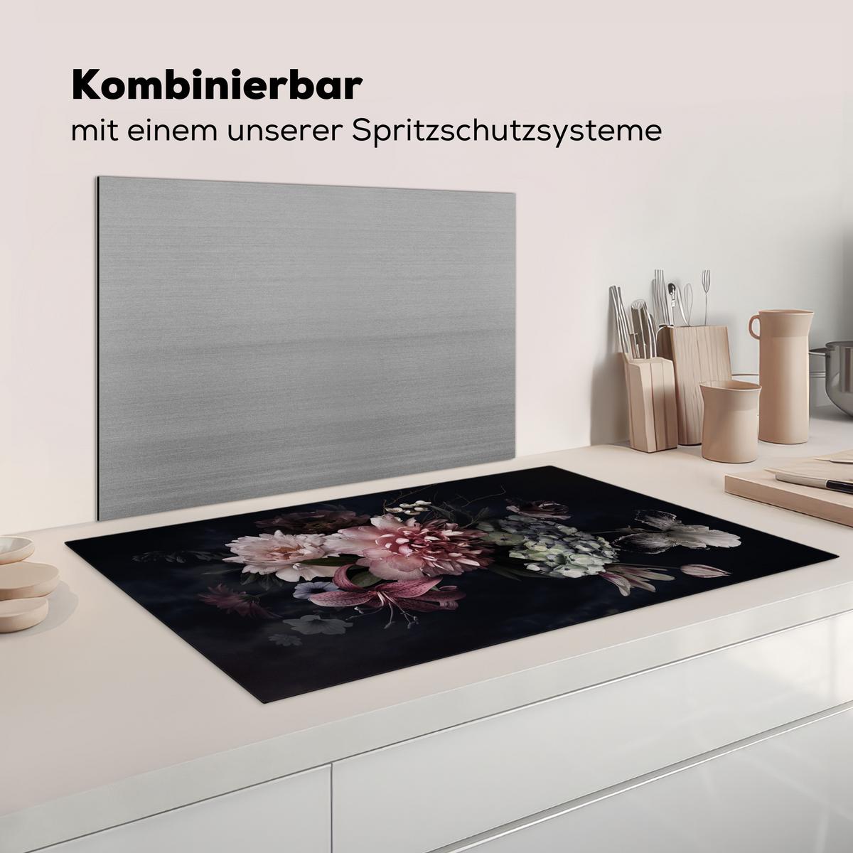 HERDABDECKPLATTE Blumen - Vintage - Pastell - Rosa - Weiß Induktionsschutz 89.6x51.6 cm - Altrosa, Kunststoff (89.6/51.6/0.2cm) - MuchoWow