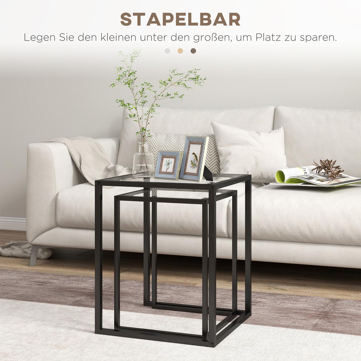 BEISTELLTISCH 2er Set Stahl Hartglas Schwarz - Schwarz, Metall (42/42/51cm) - HOMCOM