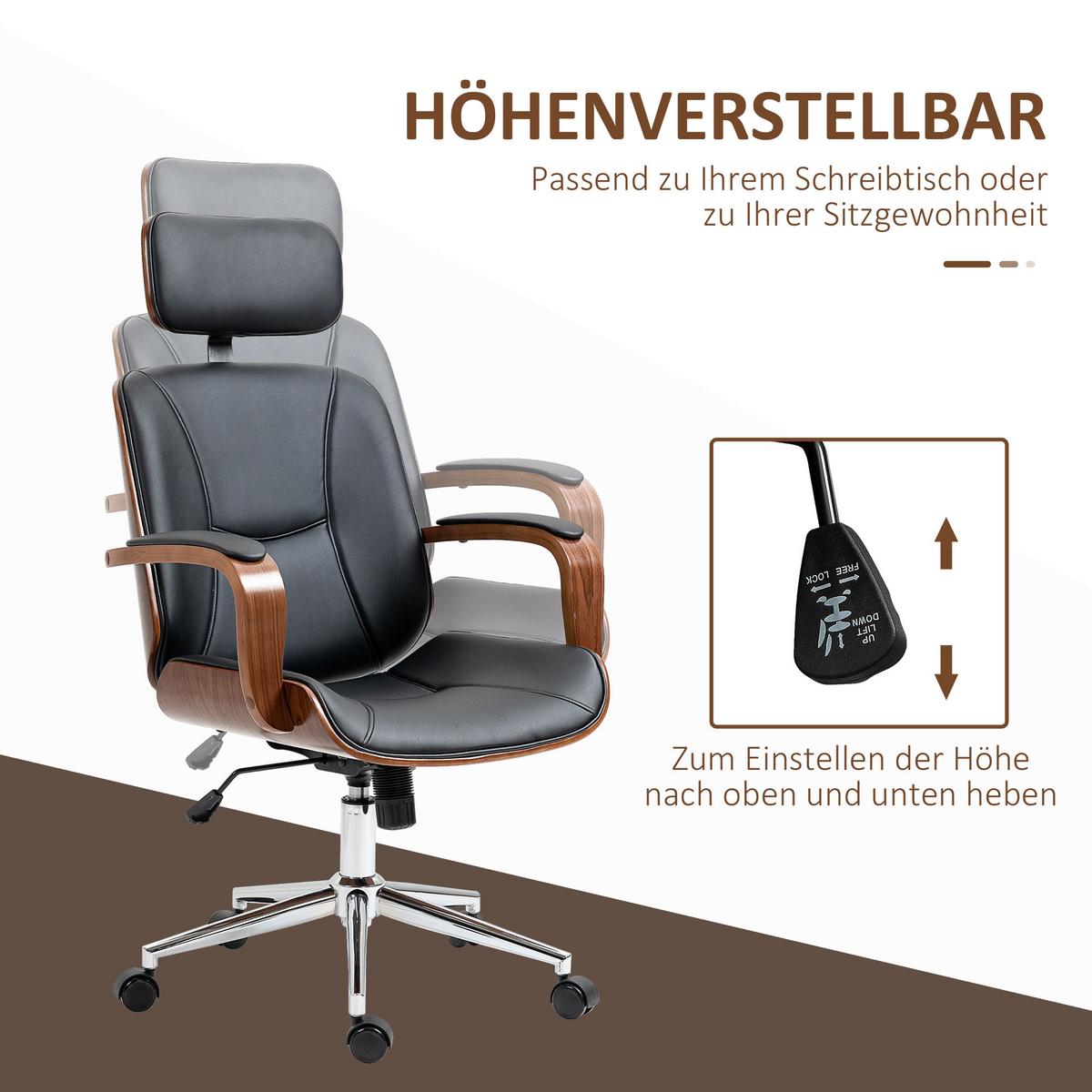 BÜROSTUHL Kunstleder Schwarz - Walnussfarben/Schwarz, Leder/Holz (65/125/66cm) - Vinsetto