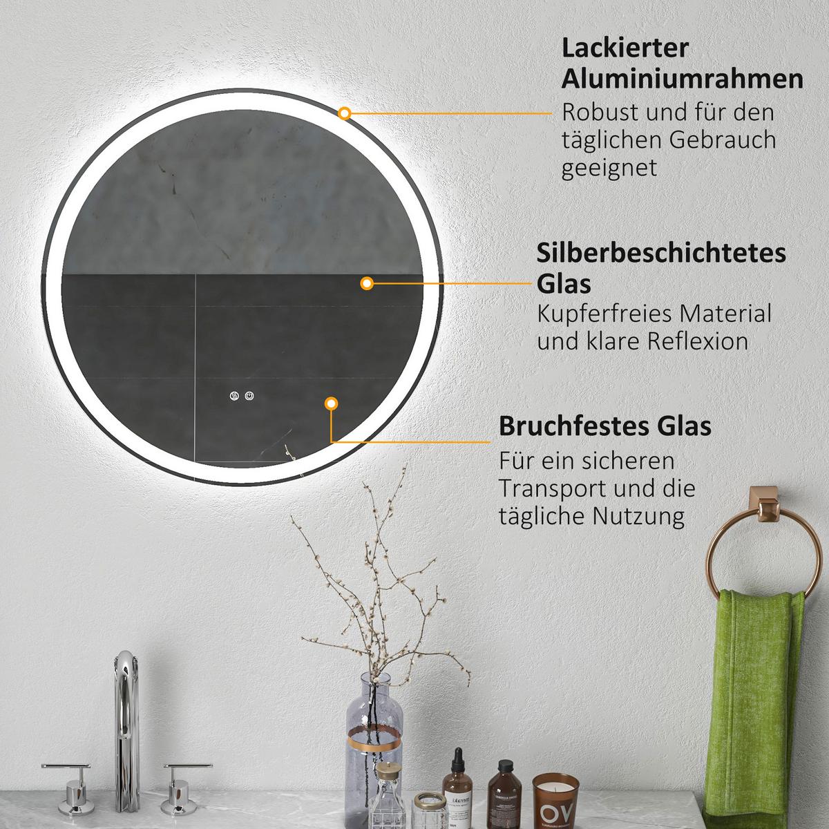 BADEZIMMERSPIEGEL, mit Touch-Funktion, Memory-Funktion, kein Beschlagen - Silberfarben, Glas (3/60/60cm) - Kleankin