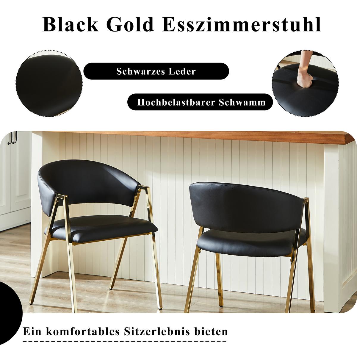 ESSZIMMERSTUHL 2ER-SET aus schwarzem PU-Leder und Gold Metall, mit Rückenlehne und Höhenausgleich - Schwarz, Textil (56/77/59cm) - Urban Meuble