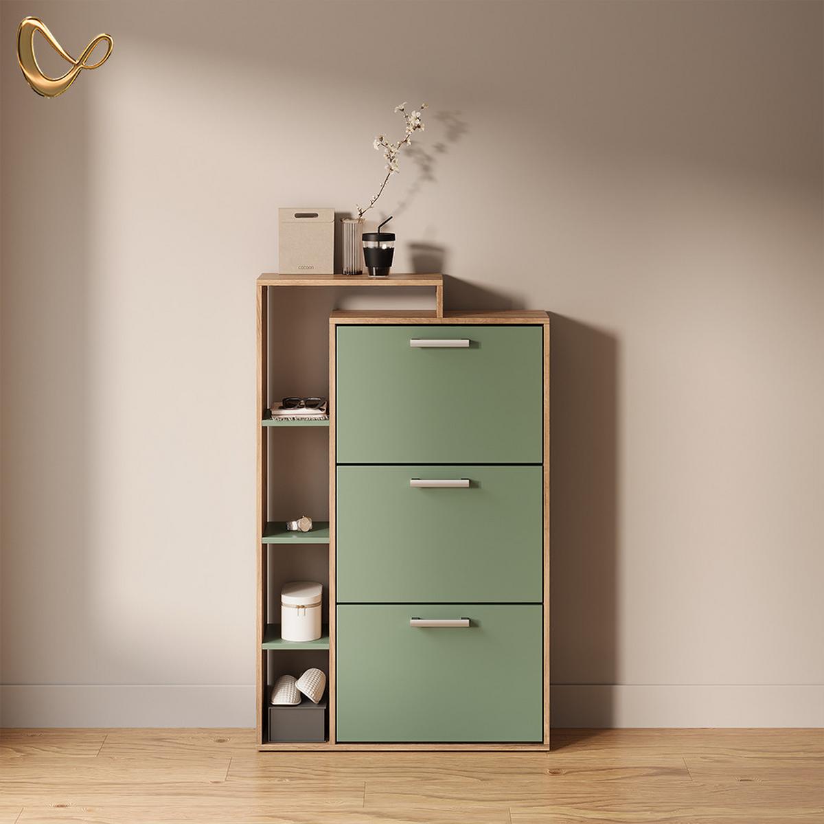 SCHUHKIPPER Ortello Goldkraft Eiche/Grün 80 x 128.3 cm mit 3 Fächern - Honigeiche/Grün, Holzwerkstoff (80/128.3/24.2cm) - Livinity®