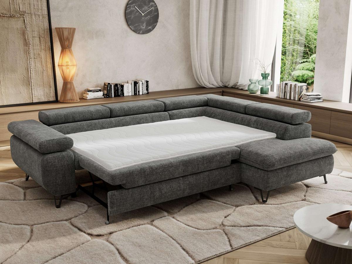 ECKSOFA PABLO L Grau Schenille grob gewebt - Rechts Seite - Schwarz/Grau, Textil/Metall (273/208cm) - MKS