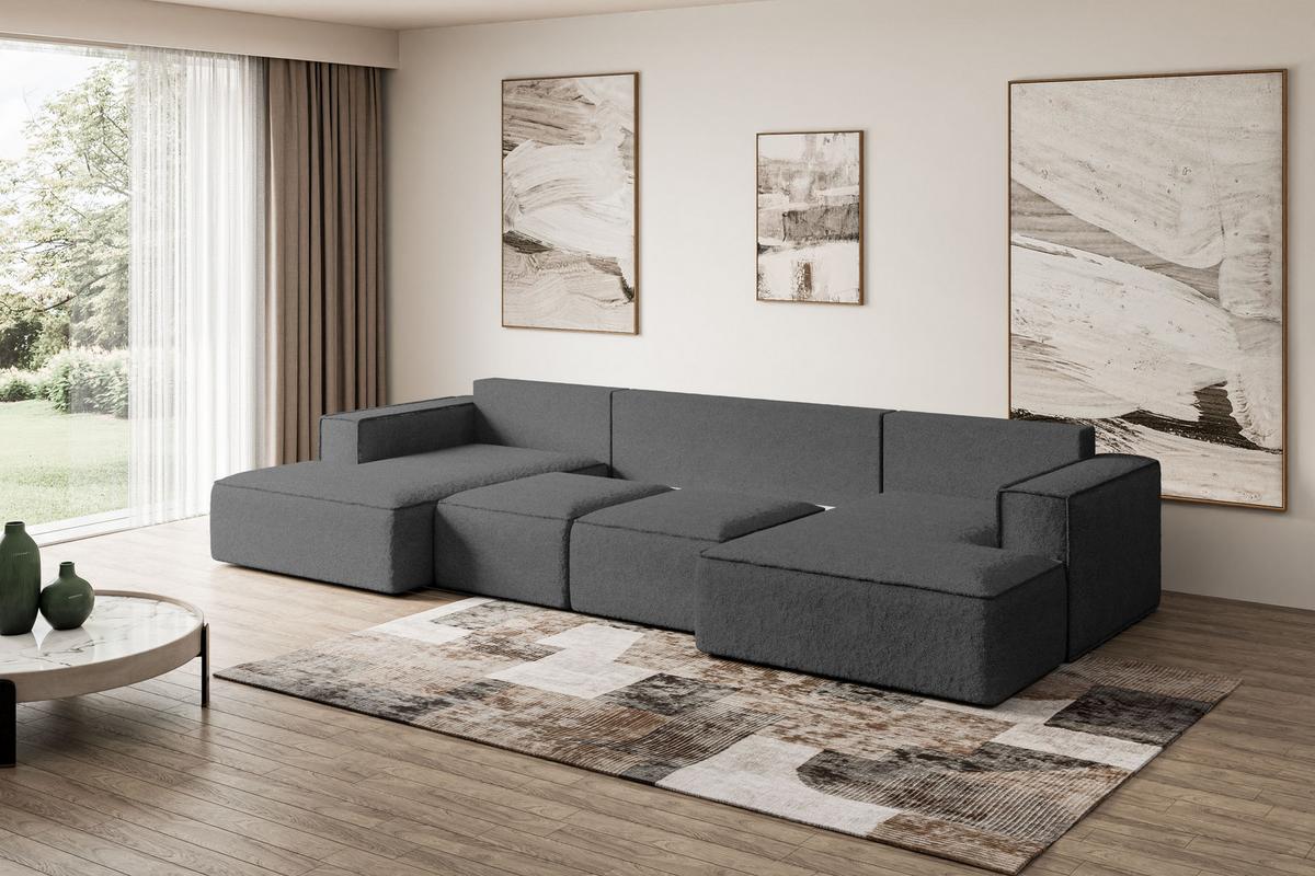 WOHNLANDSCHAFT mit Schlaffunktion und Bettkasten SIERRA-U-S - 349x161x87 cm Grau Bouclé - Schwarz/Grau, Holzwerkstoff/Kunststoff (349/87/161cm) - ALTDECOR