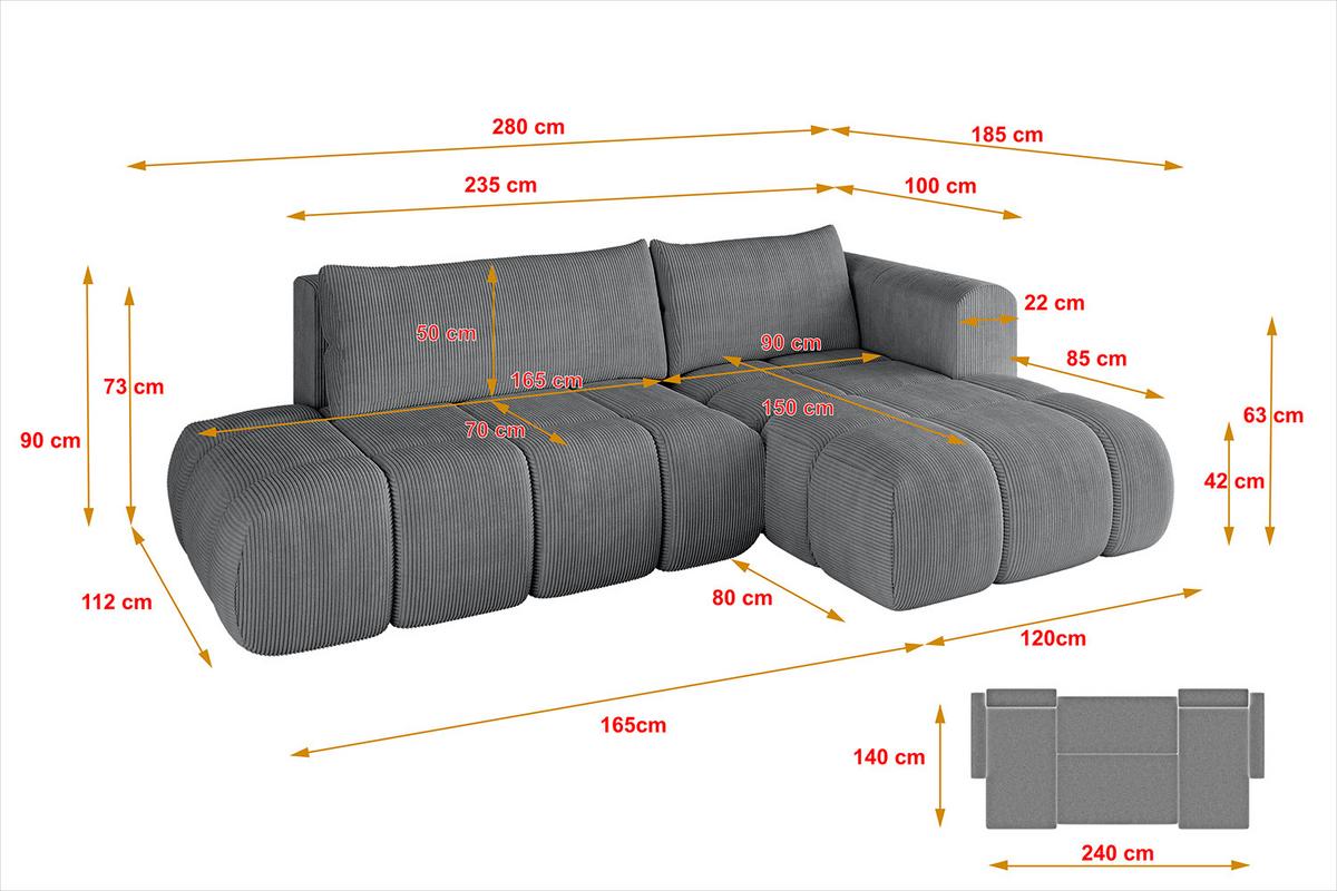 ECKSOFA Ottomane Rechts CLOUD-L 280x185x90 Dunkelgrau Cord - Dunkelgrau, Holzwerkstoff/Kunststoff (185/280cm) - ALTDECOR