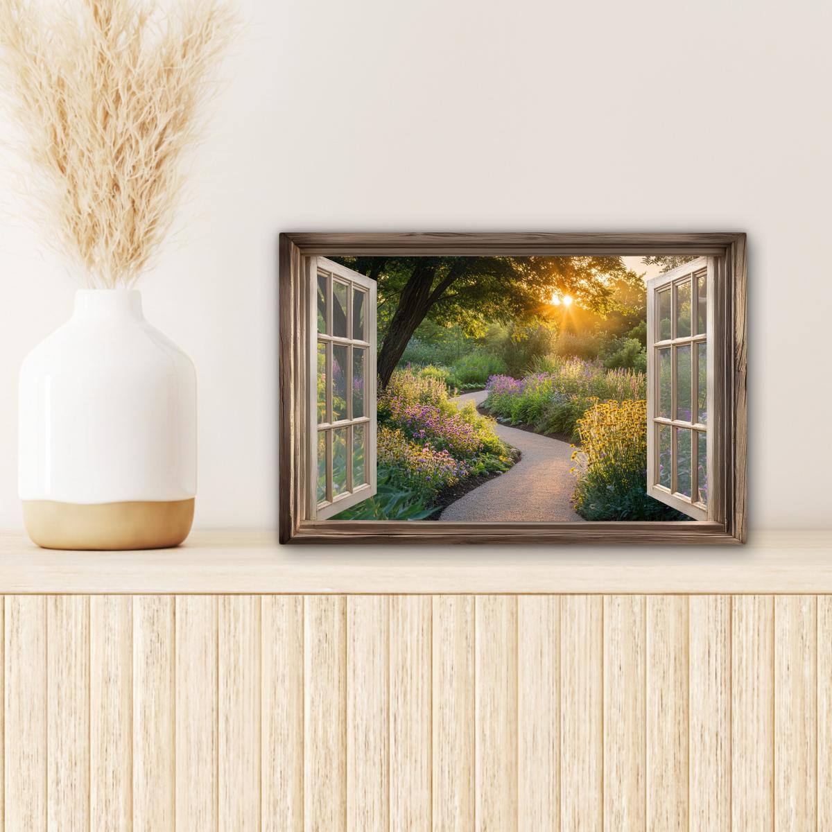 LEINWANDBILD Aussicht - Blumen - Natur - Sonne - Weg Deko Schlafzimmer 30x20 cm - Hellgelb, Textil (30/20cm) - MuchoWow