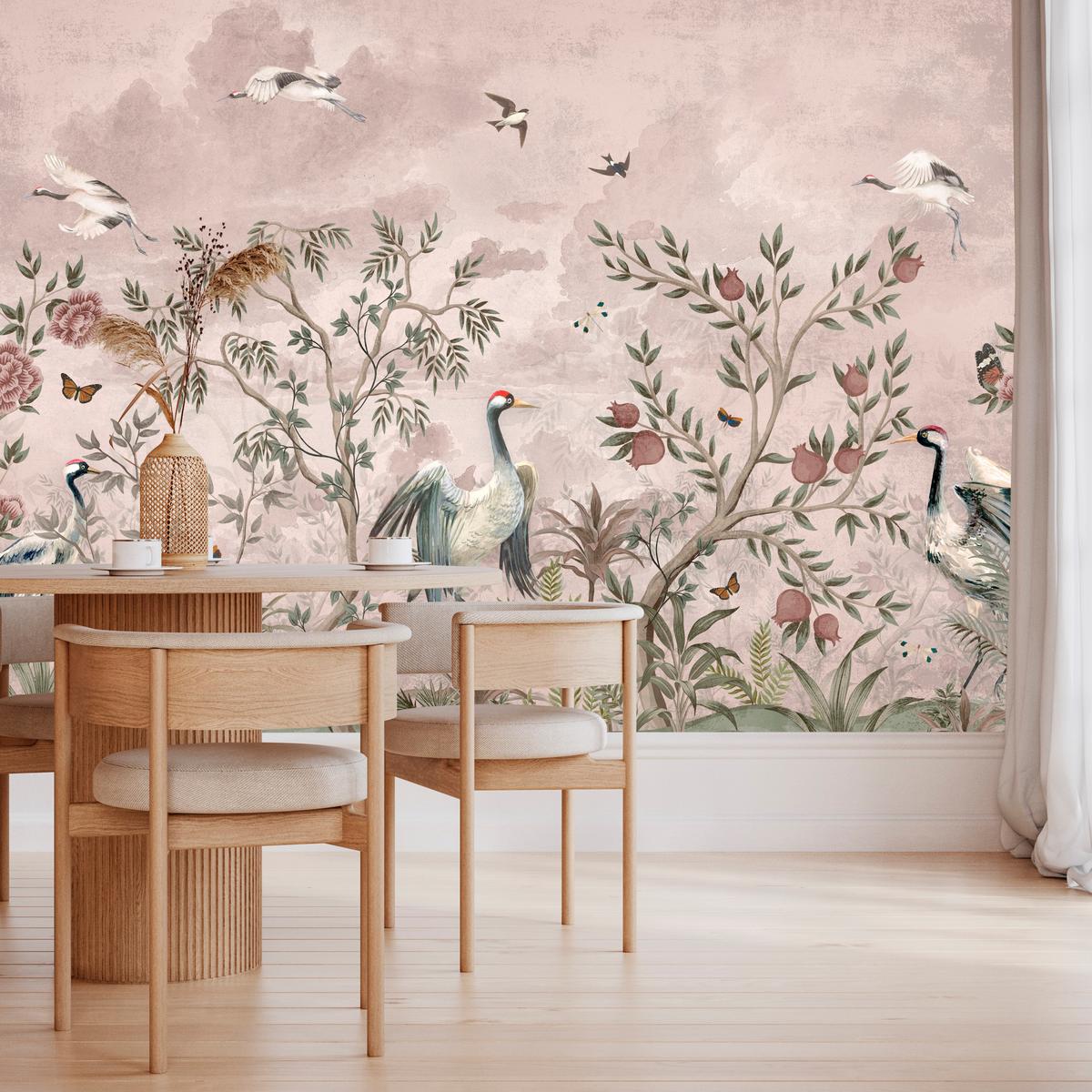 FOTOTAPETE für Schlafzimmer Kraniche Bäume Tropische Blumen Büsche 500x350 - Beige/Rot, Papier (500/350cm) - Muralo