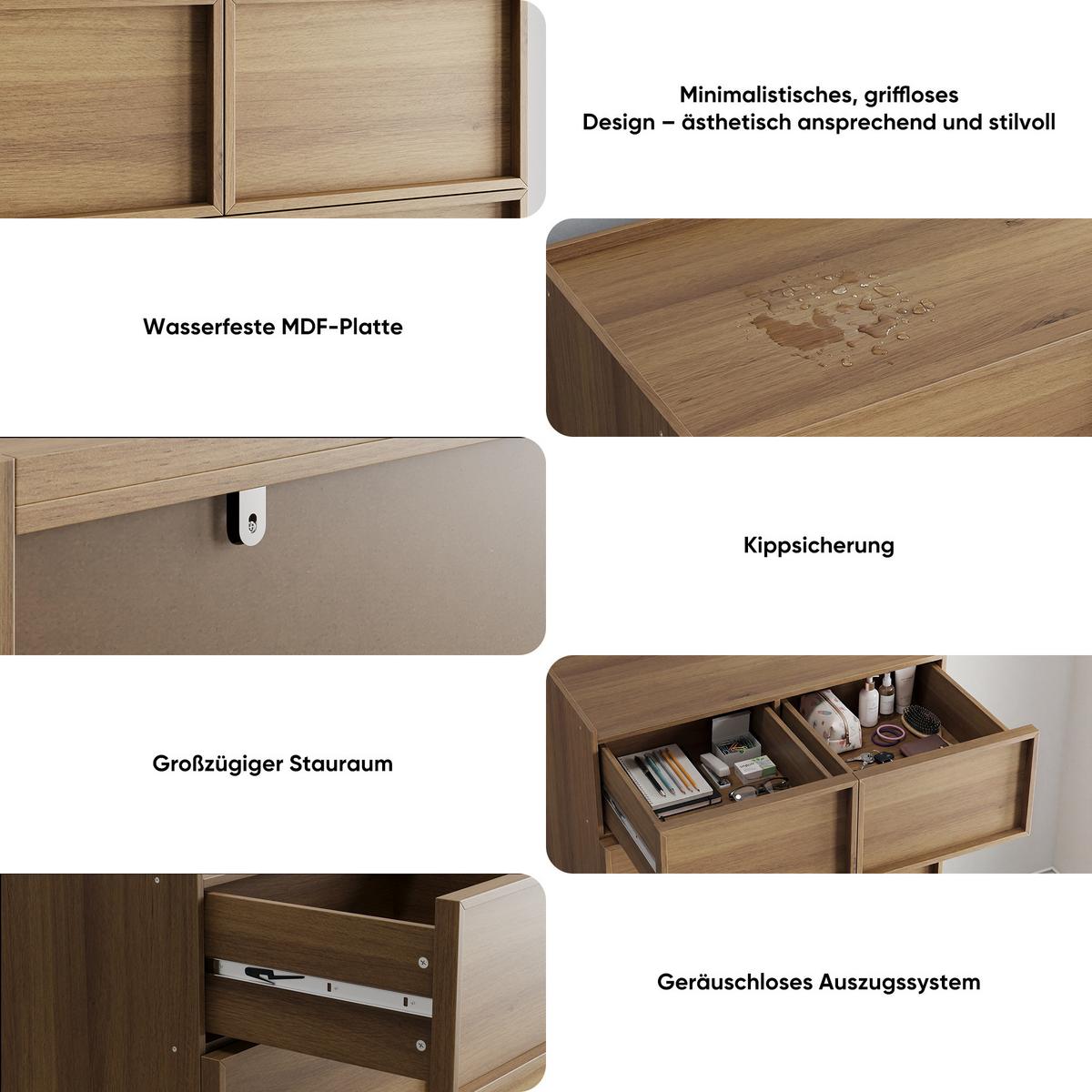 SIDEBOARD Holzfarbe & Schwarz 140cm mit 3D-Rautenmuster - Eichefarben, Holzwerkstoff (80/127/48cm) - Urban Meuble
