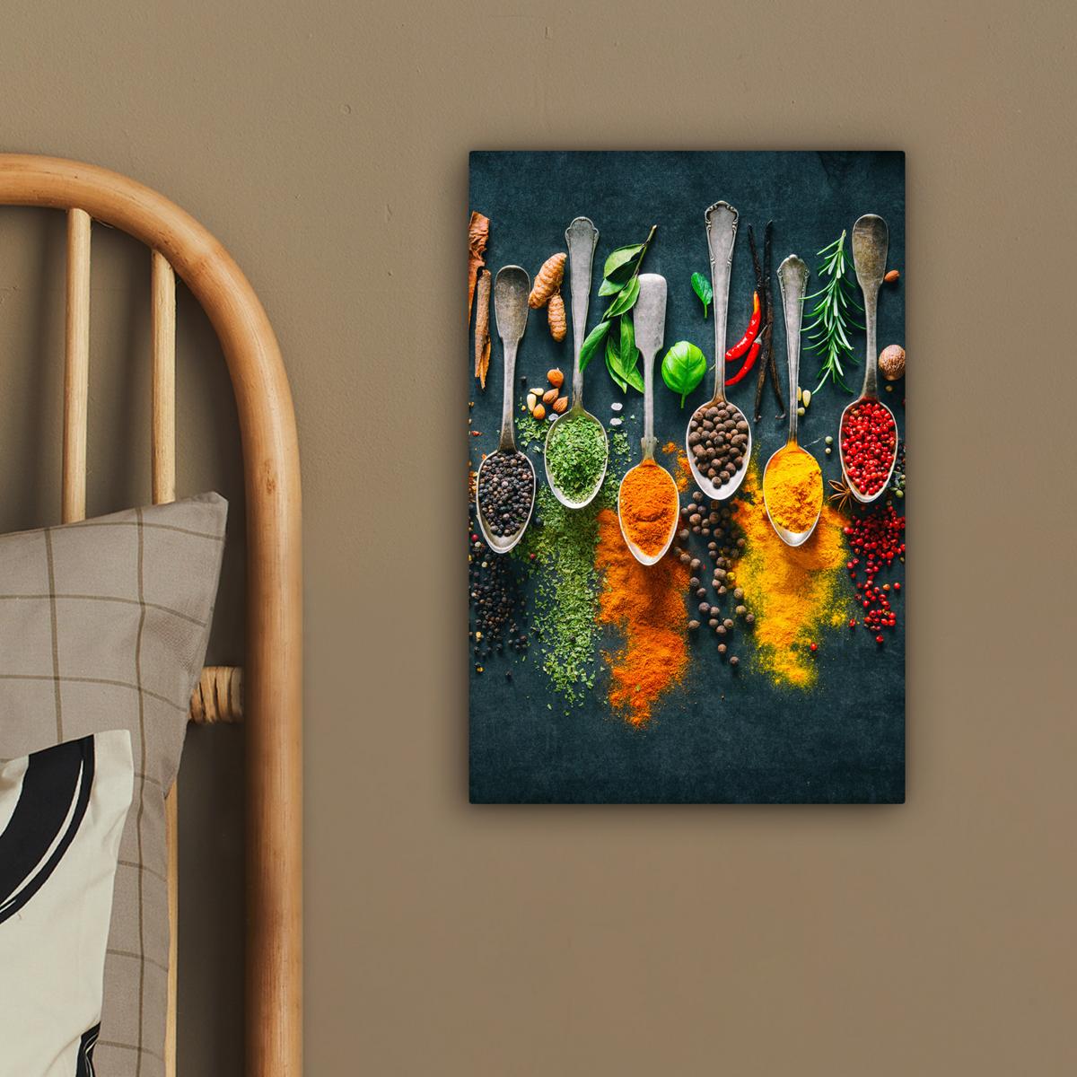 LEINWANDBILD Kräuter - Gewürze - Löffel Deko Wohnzimmer 20x30 cm - Currygelb, Textil (20/30cm) - MuchoWow