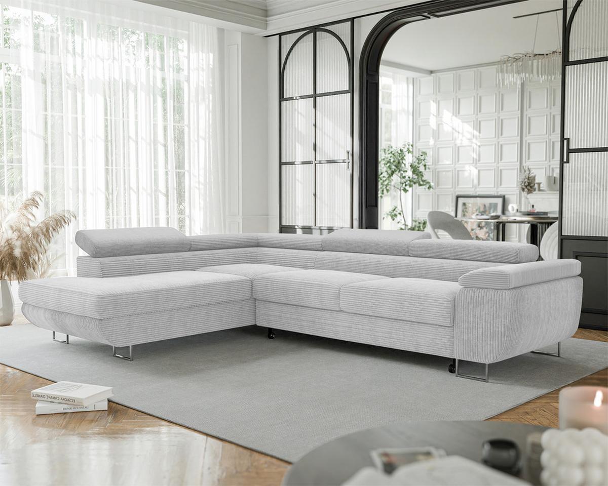 ECKSOFA ANTON links, mit Schlaffunktion und Bettkasten Hellgrau - Chromfarben/Hellgrau, Textil/Metall (274/203cm) - Idohome