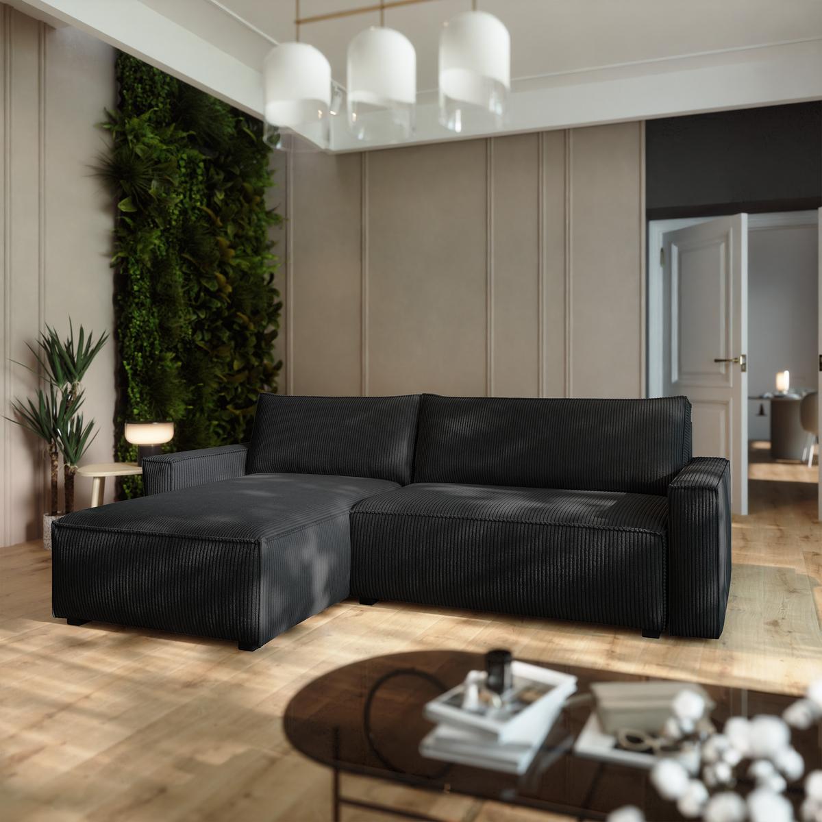 ECKSOFA BESMIR Schwarz Kordstoff mit Schlaffunktion - Schwarz, Holz (275/148cm) - MASSENO