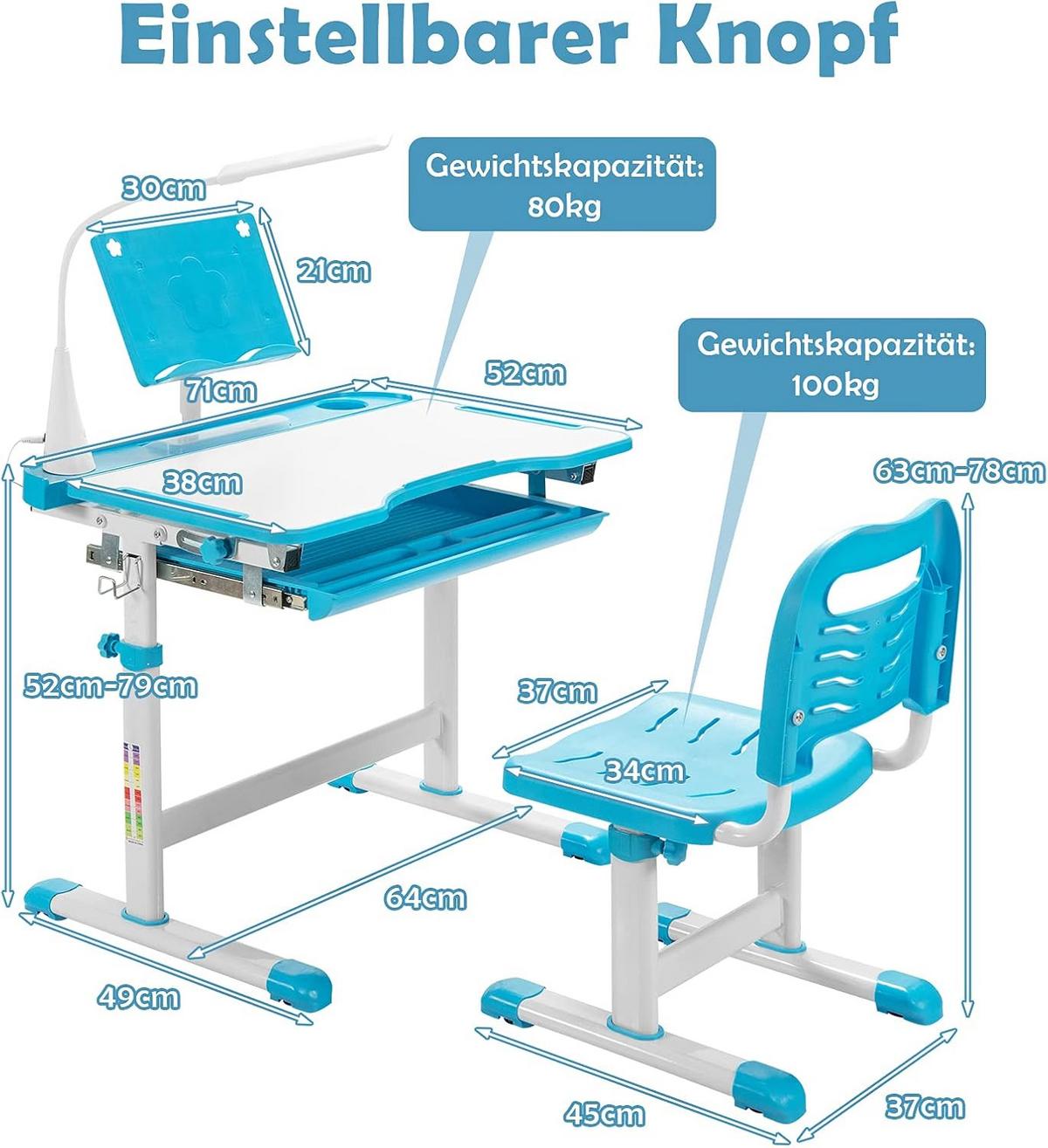 KINDERSCHREIBTISCH Set mit LED-Licht Blau - Blau, Kunststoff (71/79/52cm) - COSTWAY