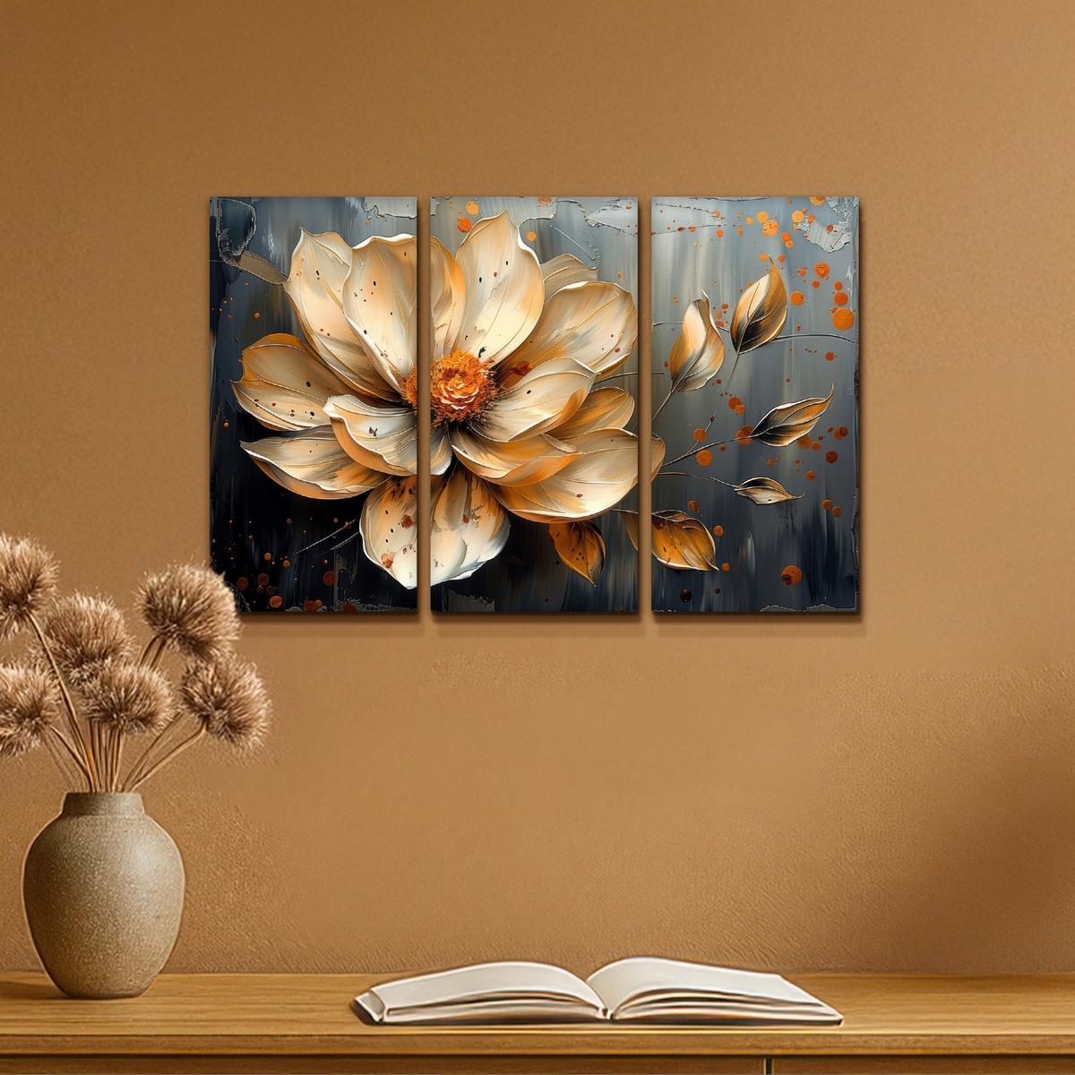 LEINWANDBILD 3er Set Blume - Gold - Abstrakt - Farbe 60x40 cm - Creme, Textil (60/40cm) - MuchoWow