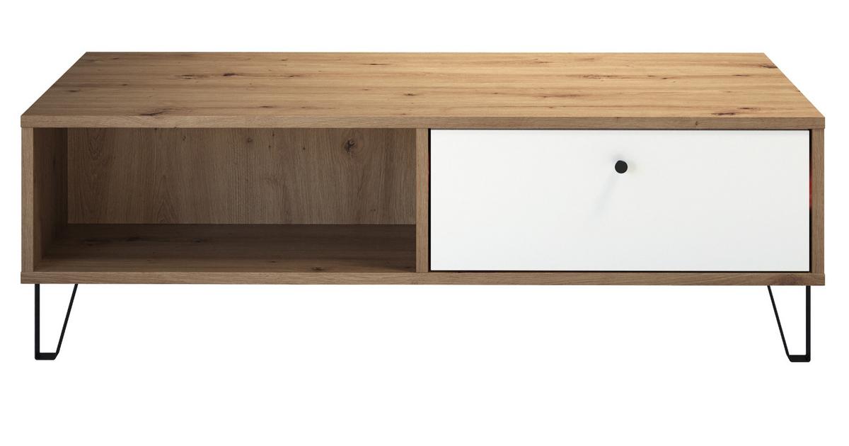 COUCHTISCH weiß matt, Eiche Artisan 110 cm, Beistelltisch mit 2 x Schubkasten - Eichefarben/Schwarz, Holzwerkstoff/Kunststoff (60/110/37cm) - Top.Furn