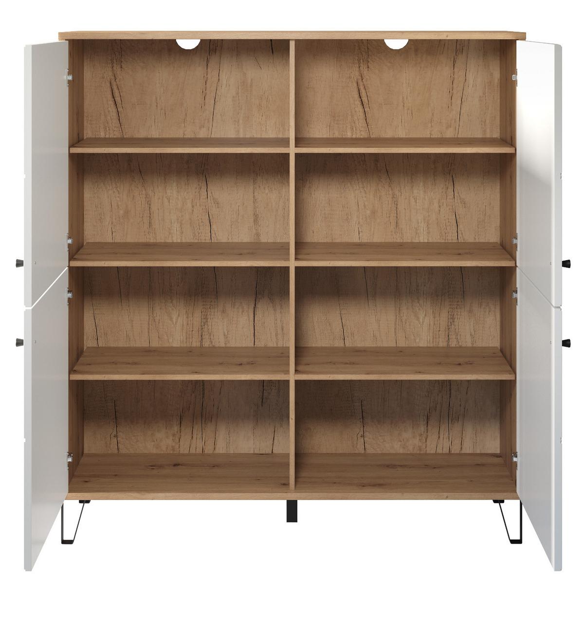 HIGHBOARD weiß matt mit Rautenoptik, Eiche Artisan 123 x 136 cm, Kommode mit Soft-Close - Eichefarben/Schwarz, Holzwerkstoff/Kunststoff (123/136/40cm) - Top.Furn