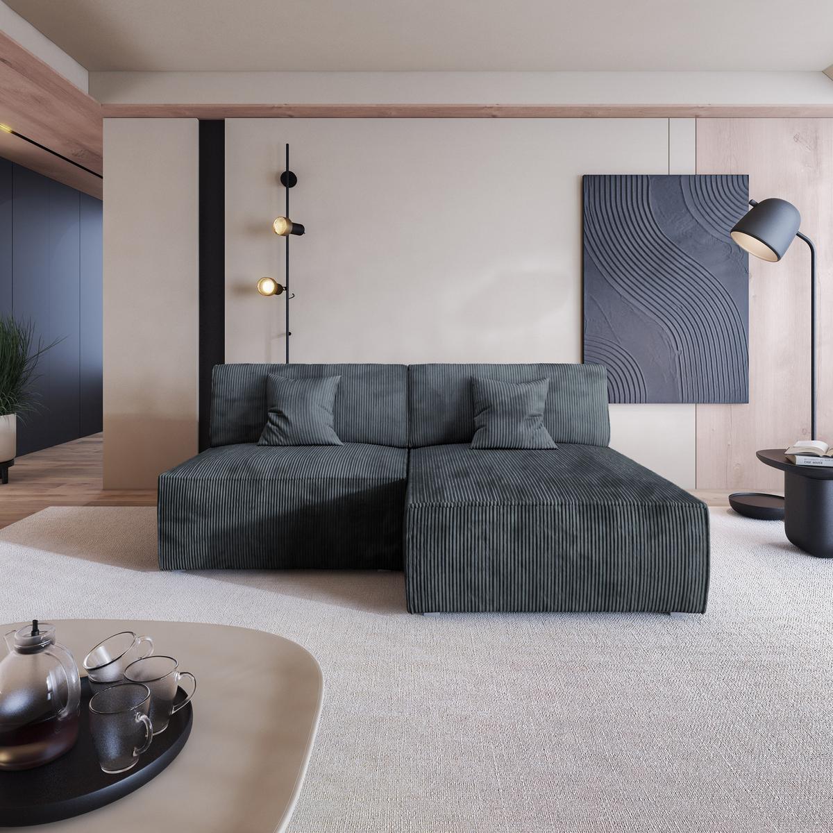 ECKSOFA FIORO P Graphitfarben Kordstoff mit Schlaffunktion - Graphitfarben/Grau, Holz/Kunststoff (204/148cm) - MASSENO