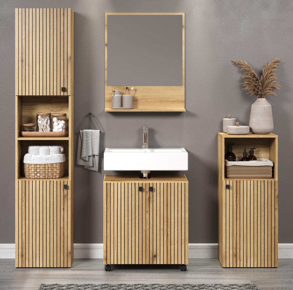 BADMÖBEL-SET Evoke Eiche 4-teilig 160 x 190 cm, Badkombination mit viel Stauraum - Eichefarben/Schwarz, Glas/Holzwerkstoff (160/190/40cm) - Top.Furn