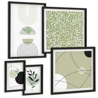 BILDER SET 5er Set - 50x50 cm & 20x30 cm & 40x60 cm Schwarzer Rahmen - Abstrakte Pflanzenmotive - Schwarz, Kunststoff (40/60cm) - TULUP