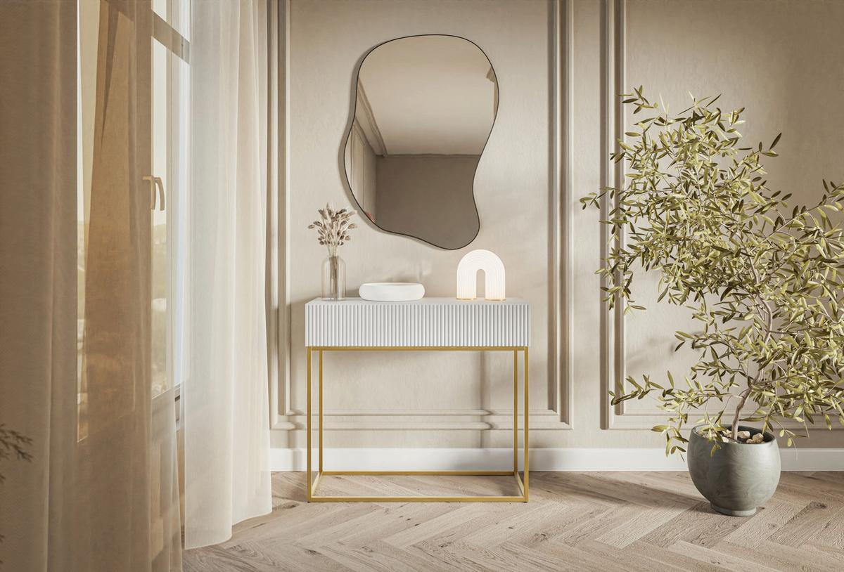 KONSOLENTISCH Veldio Weiß mit goldenen Beinen 90 cm - Goldfarben/Weiß, Holzwerkstoff/Metall (35.6/90/79cm) - Selsey