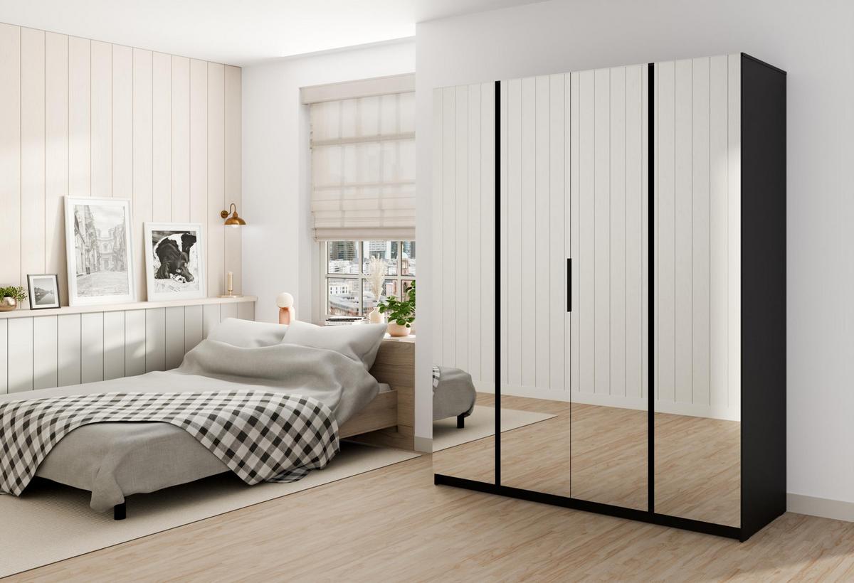 KLEIDERSCHRANK Nehir Schwarz 200 cm - 4T Modern mit 4 Spiegeln - Schwarz, Holzwerkstoff/Kunststoff (200/239/61.9cm) - AX Living