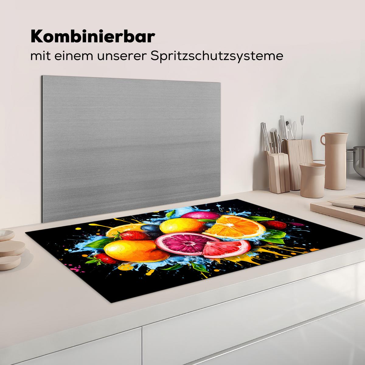 HERDABDECKPLATTE Obst - Graffiti - Bunt - Orange - Erdbeere - Abstrakt Induktionsschutz 91.6x52.7 cm - Orange, Kunststoff (91.6/52.7/0.2cm) - MuchoWow