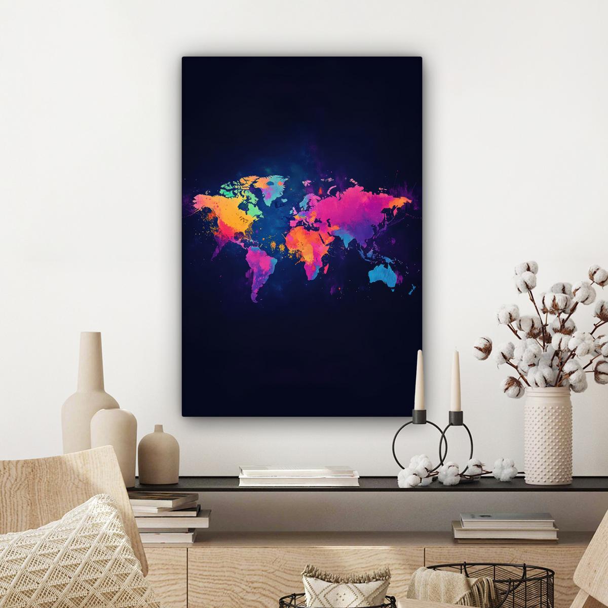 LEINWANDBILD Weltkarte - Bunt - Graffiti Wanddeko 40x60 cm - Multicolor, Textil (40/60cm) - MuchoWow