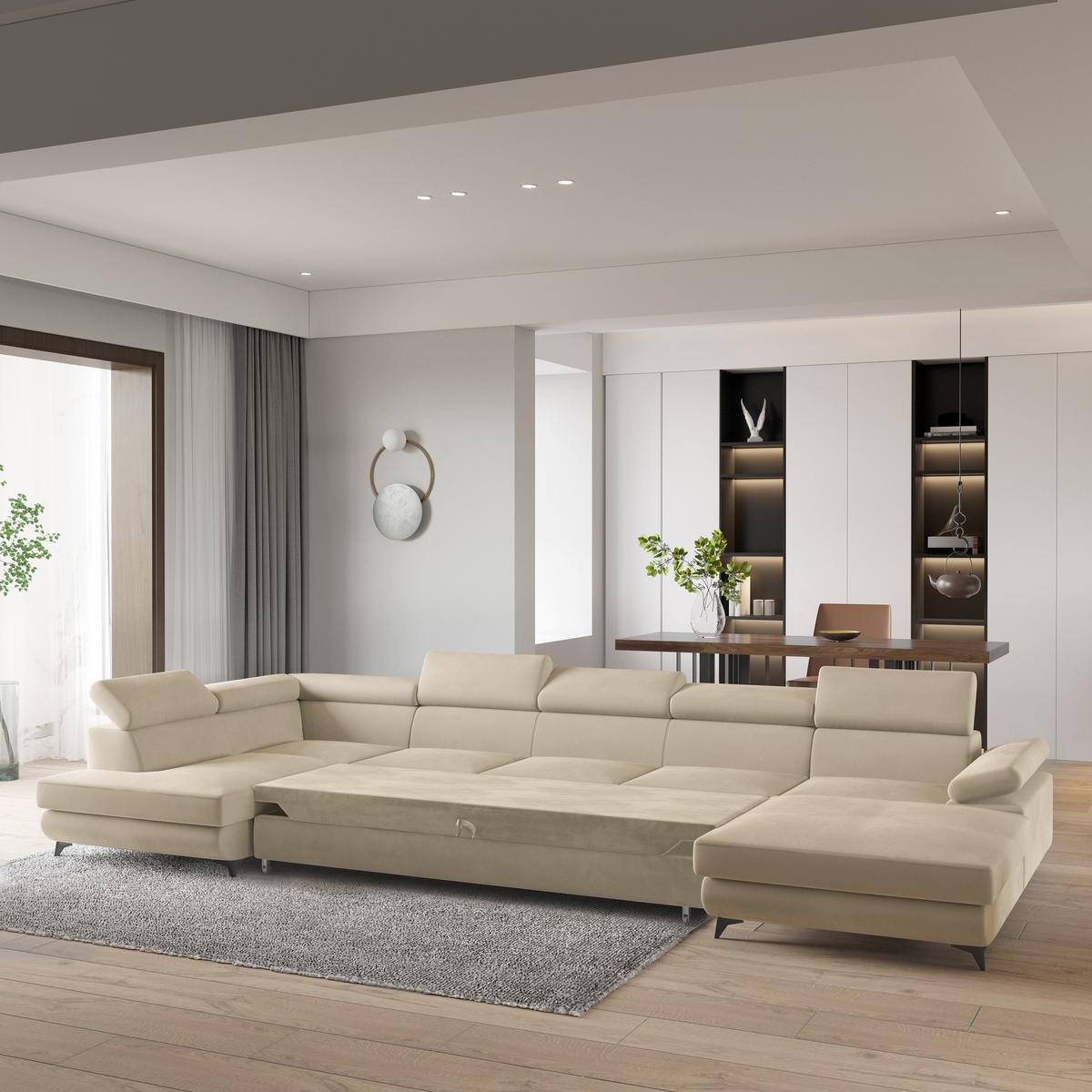 WOHNLANDSCHAFT MONTIVA Creme Velours-Stoff mit Schlaffunktion - Creme, Holz (410/89/190cm) - MASSENO