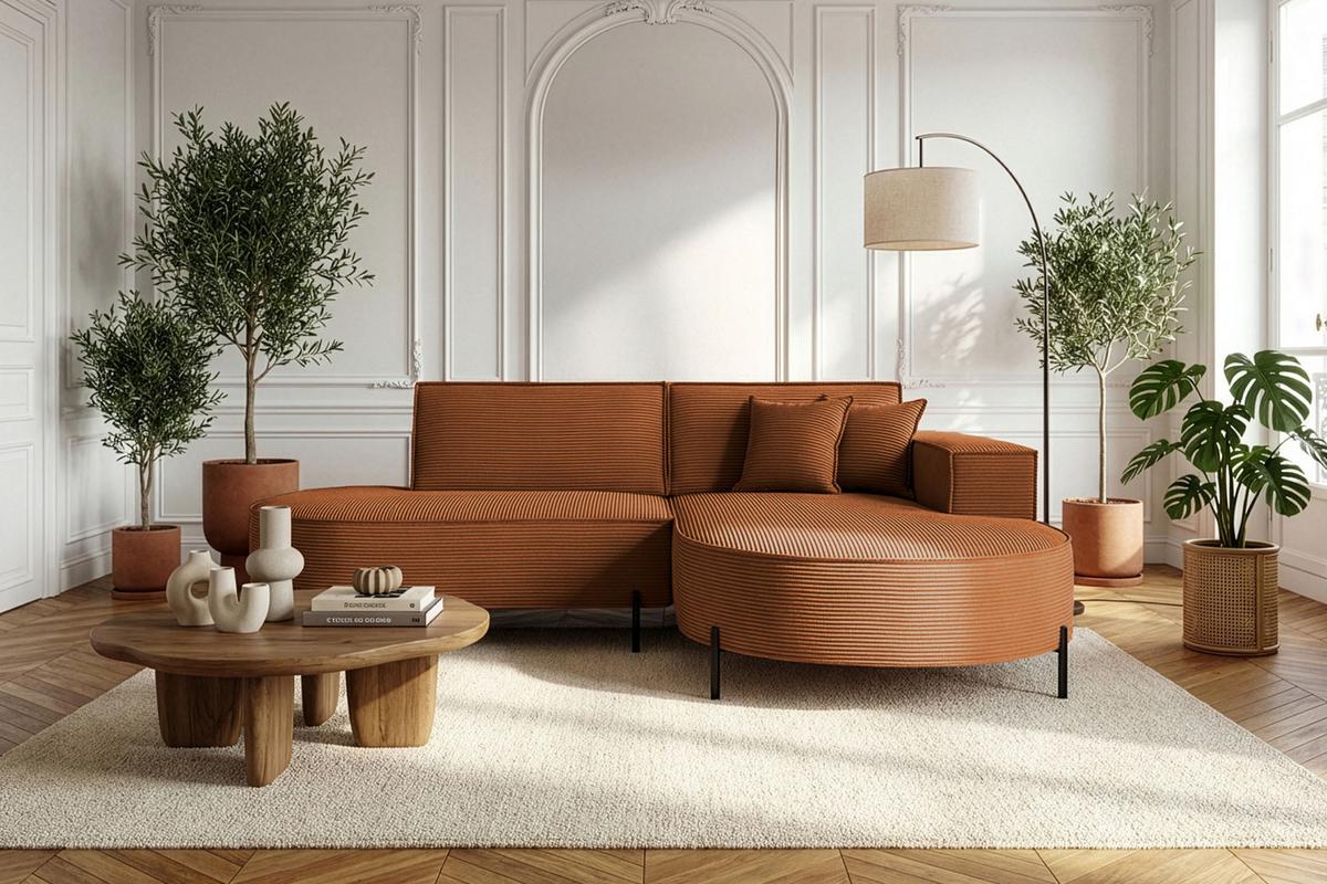 ECKSOFA Hana Loft 3-Sitzer Ecke Rechts, Cordstoff Chenille, Orange 241/80/168 cm - Schwarz/Orange, Textil/Metall (241/168cm) - WFL GROUP