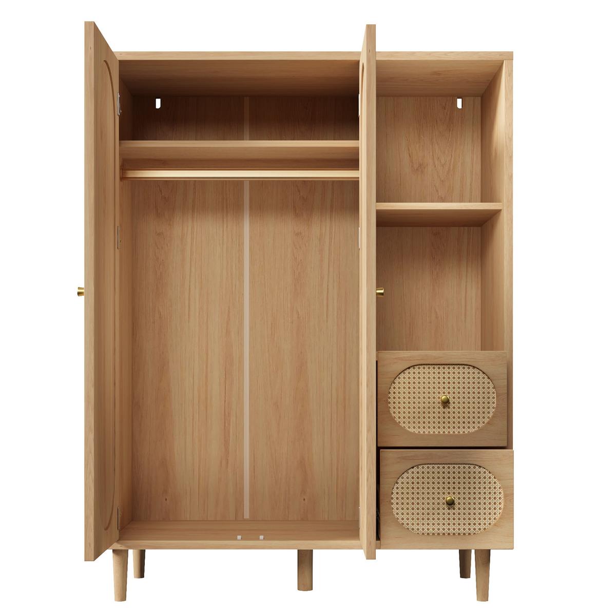 KLEIDERSCHRANK in Eichenoptik mit Rattan-Dekor, offenen Regalen und 2 Schubladen - Eichefarben, Holz (120/161/44cm) - Urban Meuble