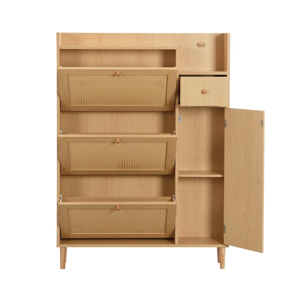 SCHUHSCHRANK Rattan Platzsparender mit 3 Kipp-Türen & 1 Schublade - Eichefarben, Holzwerkstoff (90/125/17cm) - Urban Meuble