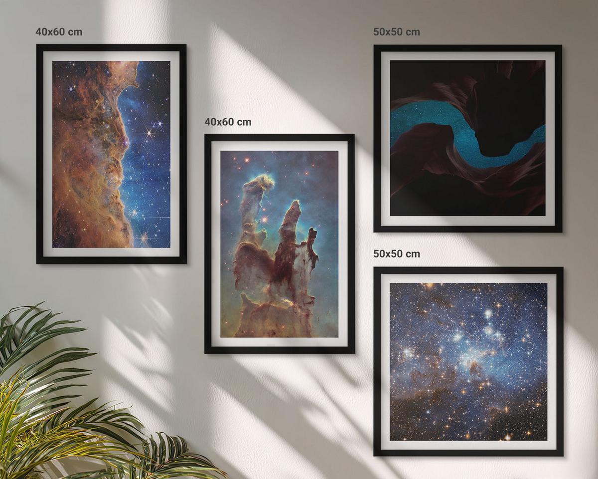 BILDER SET 4er Set - 50x50 cm & 40x60 cm Schwarzer Rahmen - Weltraumlandschaften von Galaxien - Schwarz, Kunststoff (50/50cm) - TULUP