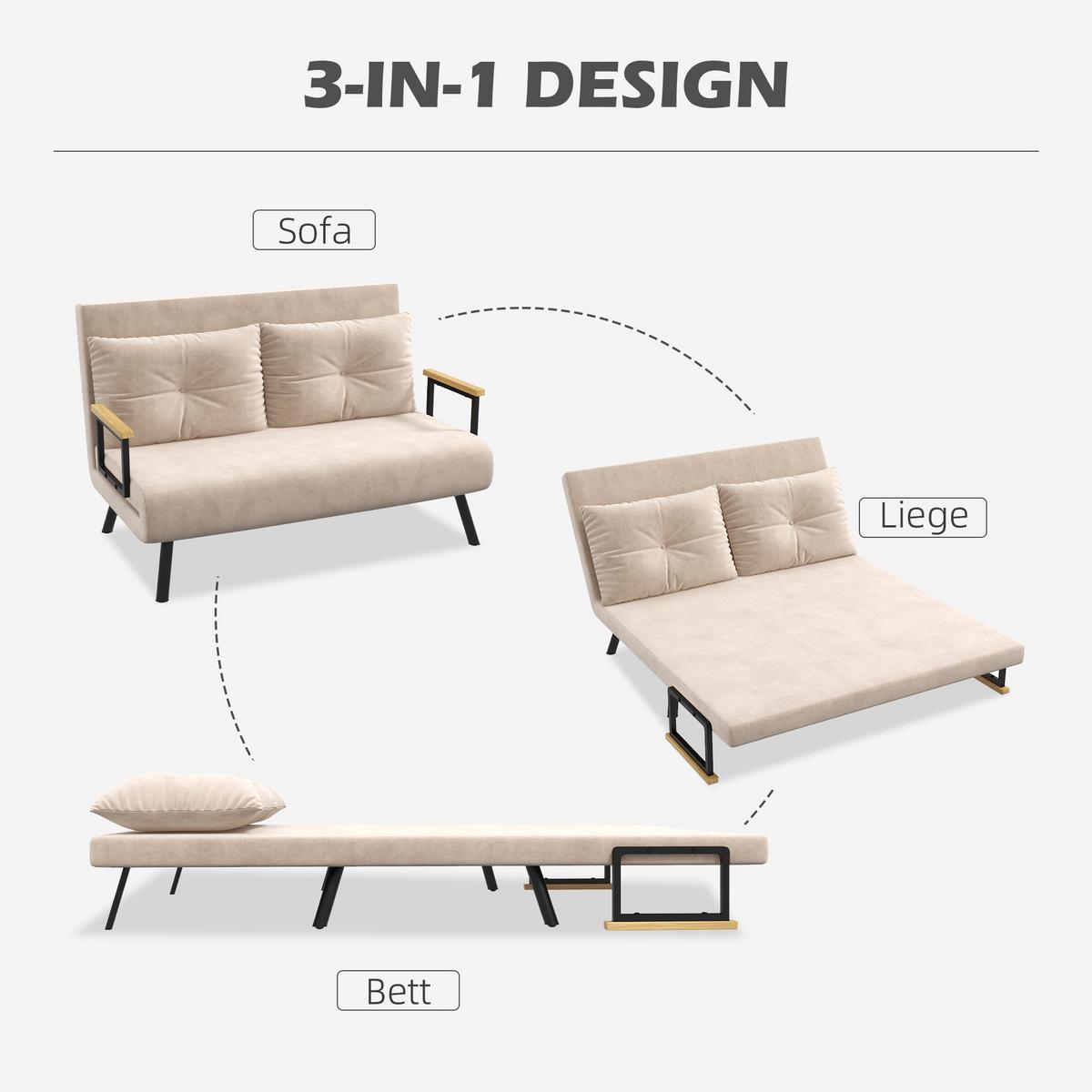 SCHLAFSOFA, Zweisitzer mit Bettfunktion, Schlafcouch mit Samtoptik, Rückenkissen - Beige/Schwarz, Holz/Textil (73/81/102cm) - HOMCOM