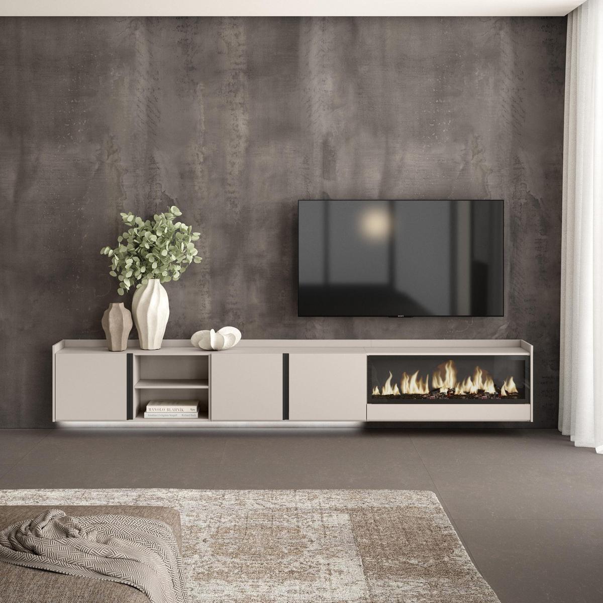 LOWBOARD, Beige, 315/35/50cm, Kamin mit Feuereffekt XXL - Beige, Holzwerkstoff (315/50/35cm) - Skraut Home