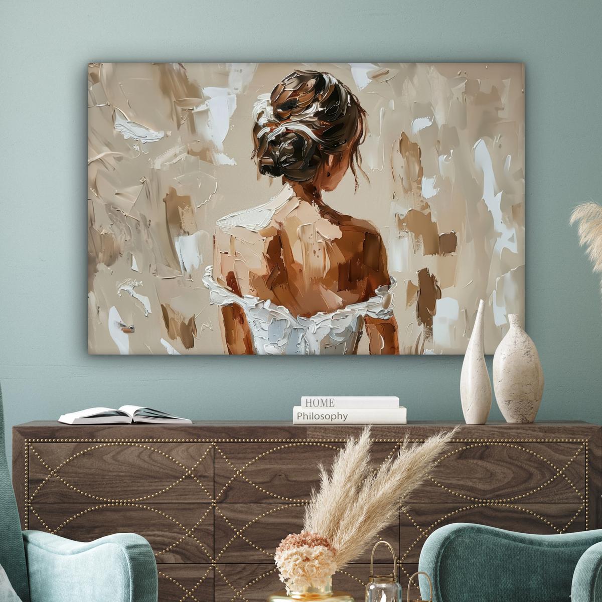 LEINWANDBILD Frau - Farbe - Abstrakt - Beige - Modern Groß 140x90 cm - Sandfarben, Textil (140/90cm) - MuchoWow