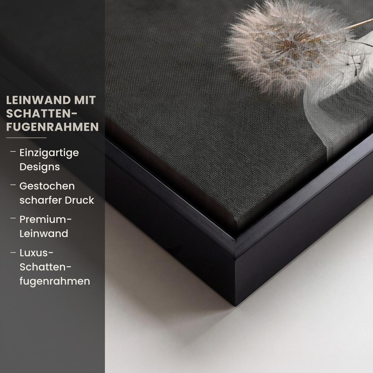 LEINWAND Bilder mit Rahmen - Blumensamen - Löwenzahn - Vase - Stilleben - Blumenstrauß - 30x20 - Dunkelgrau, Textil (30/20cm) - MuchoWow