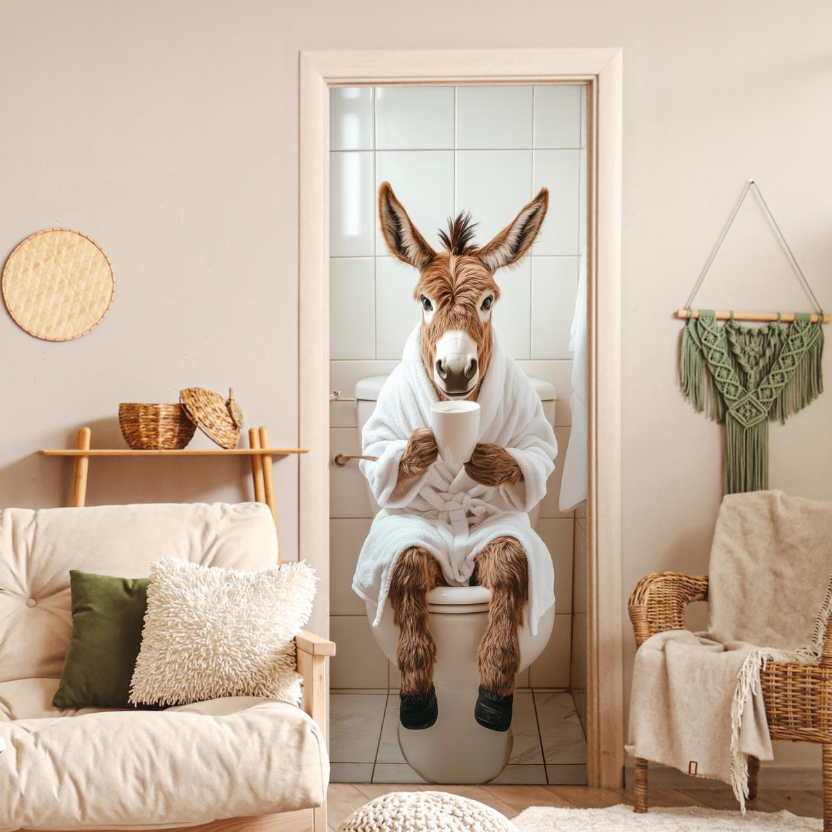 TÜRAUFKLEBER Esel - WC - Lustig - Bademantel - Tier 90x235 cm - Türtapete - Beige, Kunststoff (90/0.1cm) - MuchoWow
