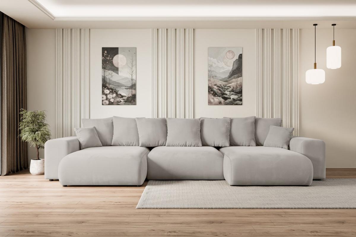 WOHNLANDSCHAFT mit Schlaffunktion ESKAR-U -364x176x72cm Hellbraun Velours - Hellbraun/Schwarz, Holzwerkstoff/Kunststoff (364/72/176cm) - ALTDECOR