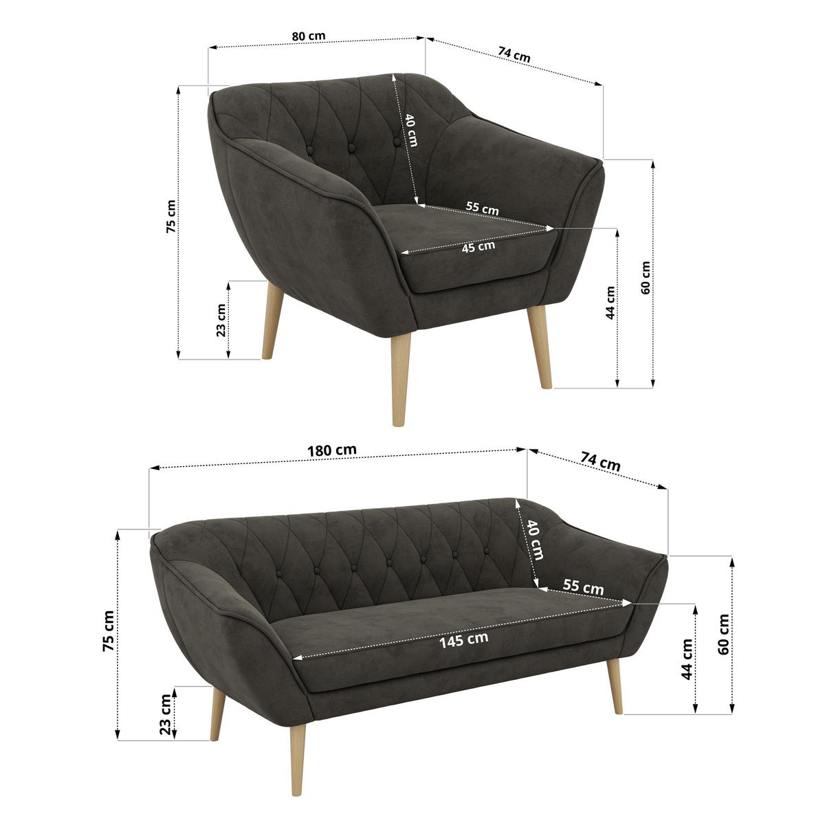 SITZGARNITUR PIRS 3+1+1 - Dunkelgrau Velvet - Holzbeine - Dunkelgrau/Buchefarben, Holzwerkstoff/Textil (180/75/74cm) - MKS