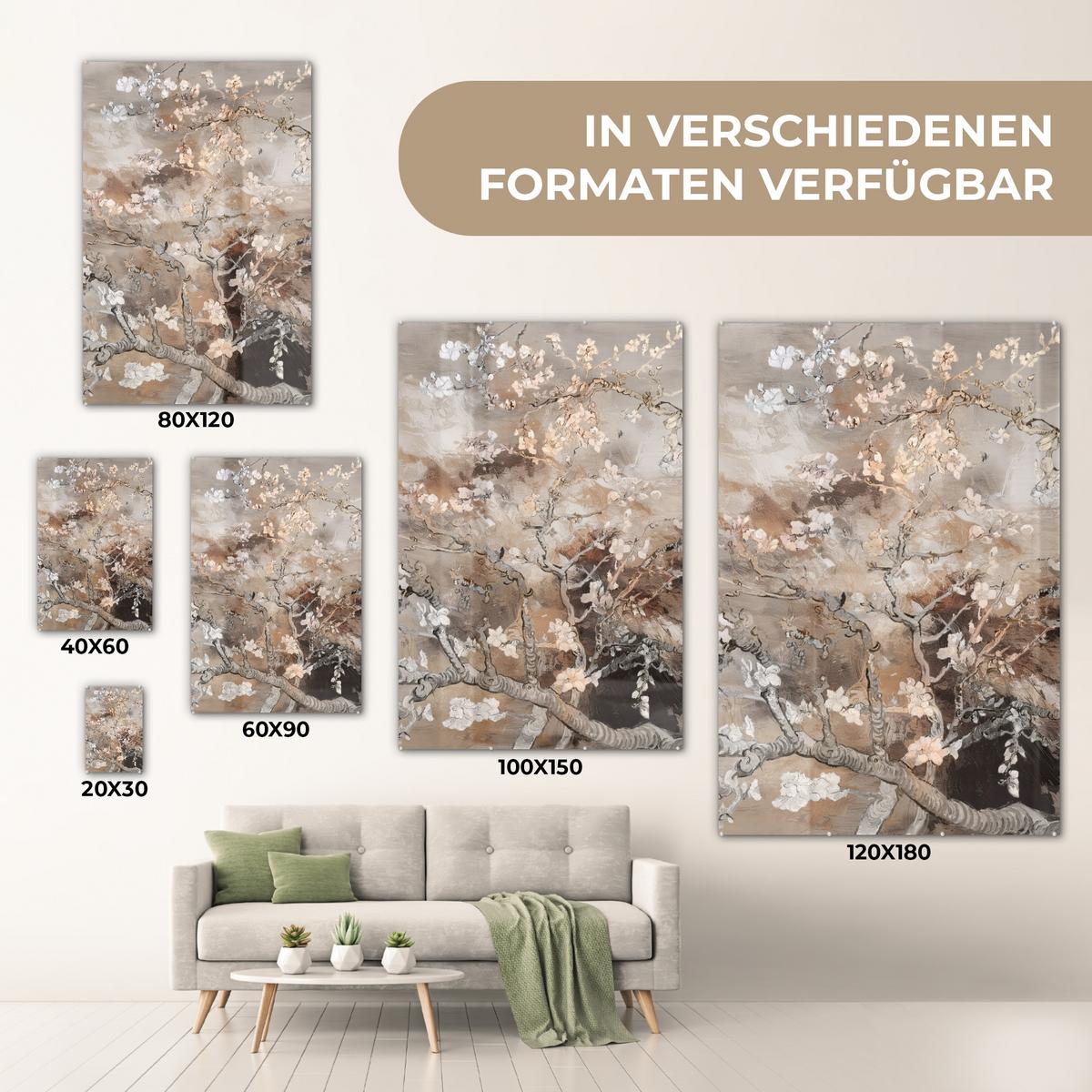 ACRYLGLASBILD Mandelblüte - Kunst - Van Gogh - Beige - Abstrakt 80x120 cm - Braun, Glas (80/120cm) - MuchoWow