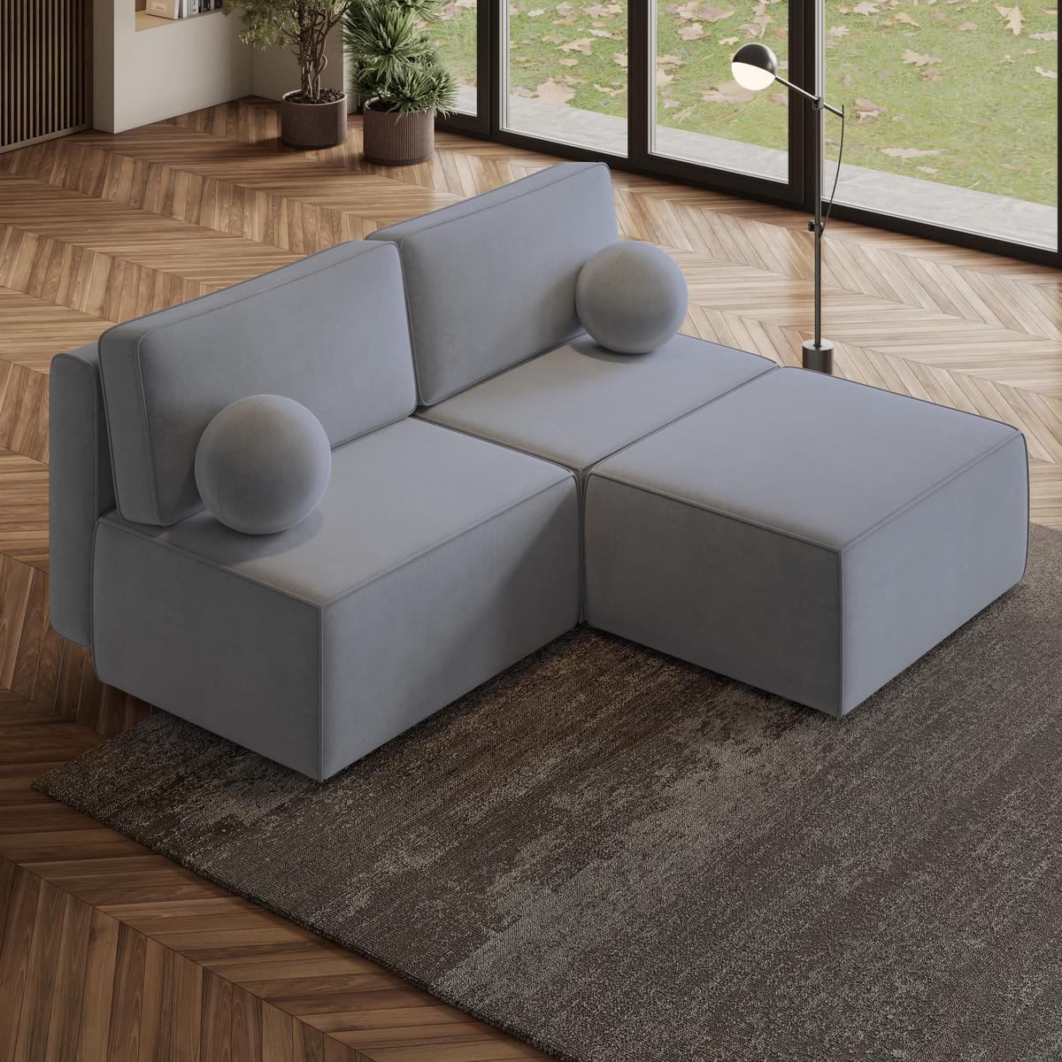 ECKSOFA VARNA M Grau Velours-Stoff mit Schlaffunktion - Grau, Holz/Kunststoff (196/158cm) - MASSENO