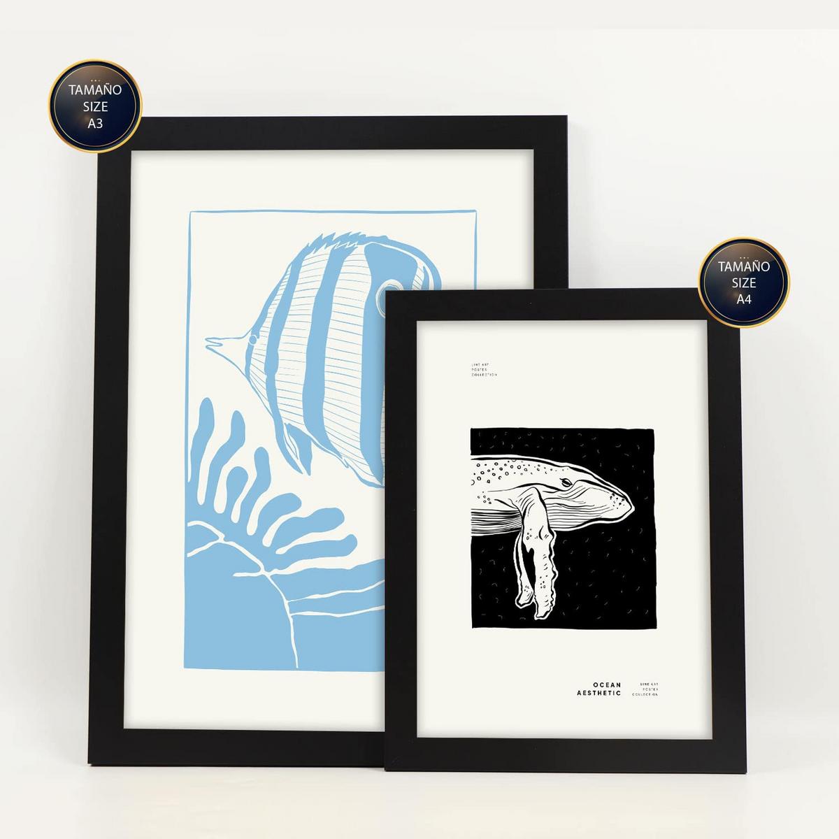 POSTER Set Mit 6 In Schwarzer Tinte Meeresmuster Kunstdrucke Von Meer Und Ozean Für Innenarchitektur A3 & A4 Schwarzer Rahmen - Schwarz, Papier (29/3cm) - Nacnic